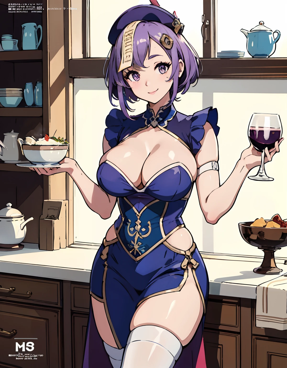 (Best Quality, Masterpiece),sexy mommy, Front cover of a women's cooking magazine,naked,  erotic, 18+, nsfw, 1girl, 30 years old, stunning, cute, smile, hourglass figure, Maid costume, beautiful food, text, diagrams, advertisements, magazine title,                                                                                      short purple hair,purple detailed sparkling eyes,One strand of hair hangs down over his forehead