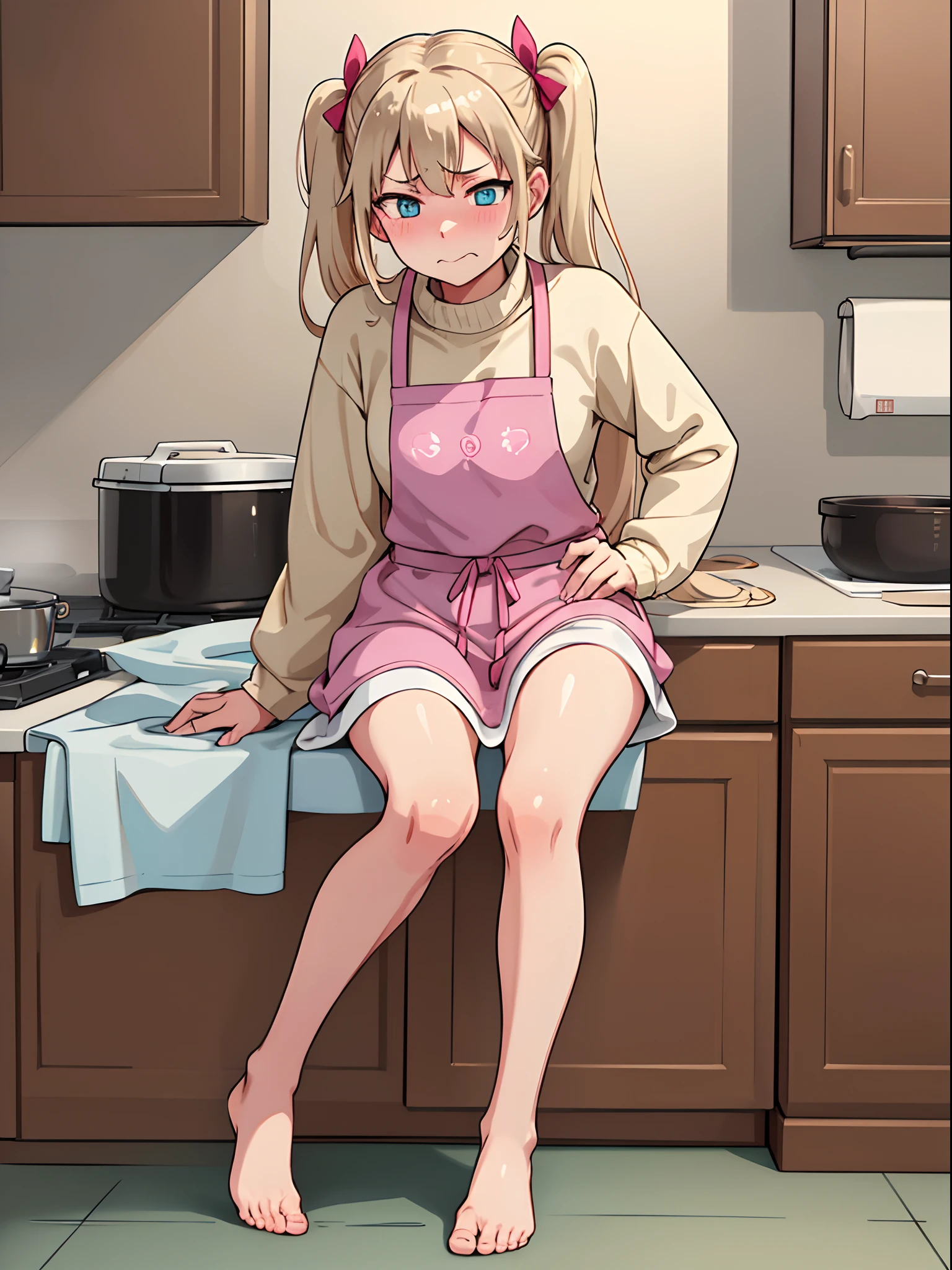 hiquality, tmasterpiece (one housewife). beige hair. pony tail. Cyan eyes. Embarrassed face. beige sweater. pink apron. bare footed. against the background of the kitchen.