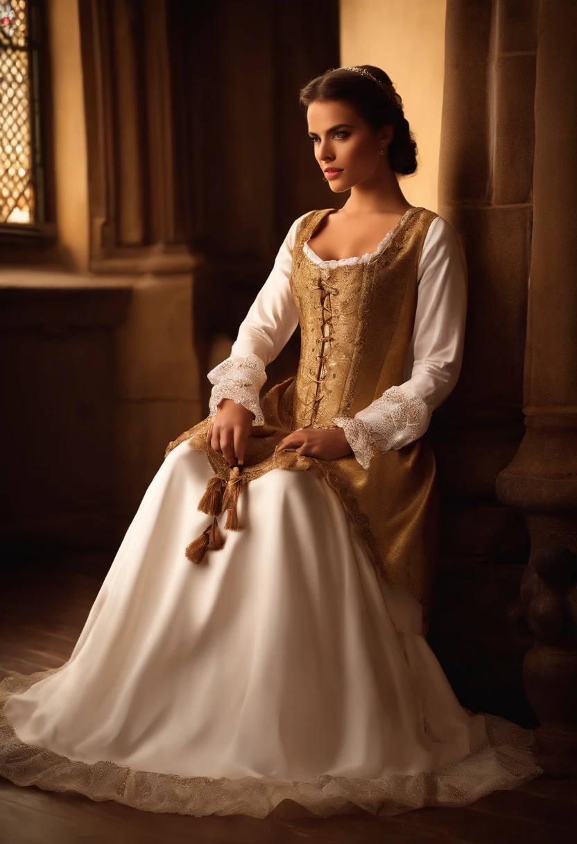 (15th century medieval colorful long dresses and corsets、detaileds:1.3)、(Childish white panties:1.3)、(Panties on top of a white garter belt:1.3)、skirt by the、(extremely detailed eye:1.4)、Smiling a little、Laced boots, fromabove, ((Best quality at best)), ((A masterpice)), (specifics) fromabove, ((Best quality at best)), ((A masterpice)), (specifics). old library, with rows of ancient books and a cozy reading nook bathed in soft, golden light. photo shoot with a Canon EOS Mark V camera, - 80 mm anamorphic lens, ISO 100, shutter speed 1/1450s, Autofocus perfectly captures depth between shots, ultra sharp image. The contrast and colors perfect. The model for this shoot had a striking resemblance to the amazing actress Bruna Marquezine, confidently posing with boldness. Her facial features were impeccably defined, characterized by honey-colored eyes that captivated the lens. Every strand of her hair was meticulously styled to perfection。 Her skin is、Transparent、Healthy, She、Often pure and intelligent、Gives an innocent and adorable impression。,( Large breasts, Huge breasts, giant breast, a large breast:1.2、naked bathrobe). Focus: 1.2, Perfect Body Beauty: 1.4, Buttocks: 1.2, (Gigantic Breasts: 1.4), (Gigantic hip: 1.8), Highly Detailed Face, (((Long brown Hair))), (Shut Up: 1.3), (upper body focus:1.2), seductive,