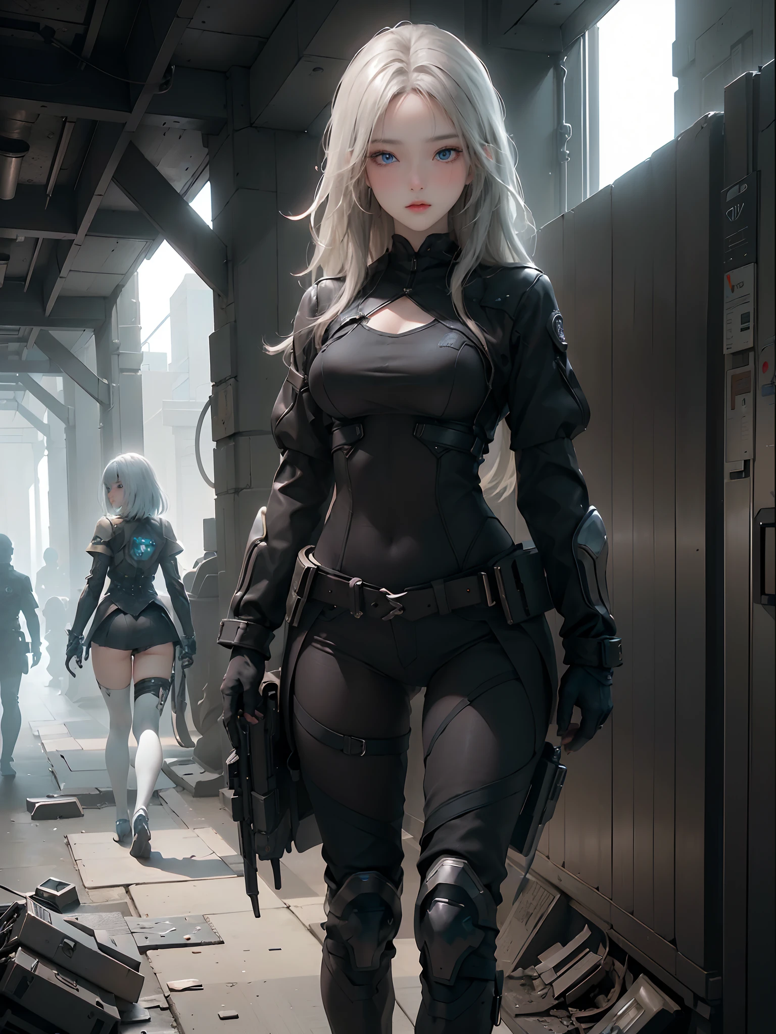 ((top-quality)), (((masterpiece)), (detaileds: 1.4), 3D, Beautiful Cyberpunk Woman Image, bob cuts, Broken black tights, leather clothes, Electromechanical, nffsw(HighDynamicRange), Ray traching, NVIDIA RTX, Hyper-Resolution, Unreal 5, Sub-surface scattering, PBR Texture, Postprocess, Anisotropy Filtering, depth of fields, Maximum sharpness and acutance, Multilayer Texture, Albedo and Highlight Maps, Surface Coloring, Accurate simulation of light-material interactions, perfectly proportions、octane renderings、two tone lighting、Large aperture、Low ISO、White Balance、thirds rule、8K Raw、masterpiece、top-quality、(8k extremely detailed CG unit wallpaper)(top-quality)、(The best illustrations)、(Best Shadows), innocent blue eyes, long hair, big titt