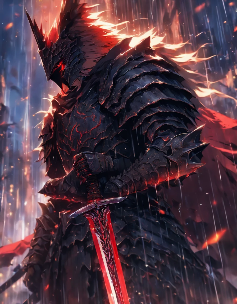 a close up of a person holding a sword in the rain, blood knight, fantasy knight, 8k high quality detailed art, badass anime 8 k, from arknights, evil knight, gothic knight, dark souls art style, arknights, fallen knight, knight armored in red, 4k fantasy art, epic fantasy digital art style, 8k fantasy art