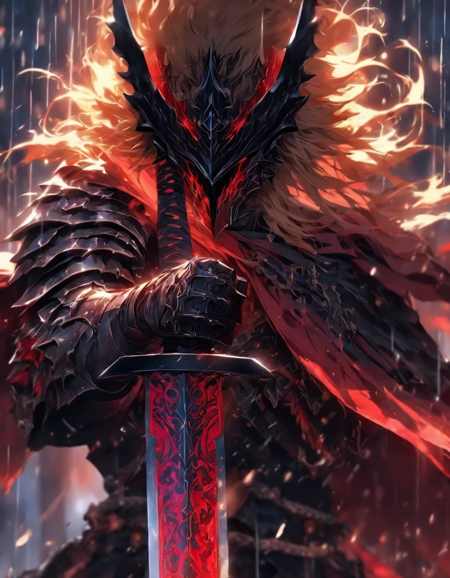 a close up of a person holding a sword in the rain, blood knight, fantasy knight, 8k high quality detailed art, badass anime 8 k, from arknights, evil knight, gothic knight, dark souls art style, arknights, fallen knight, knight armored in red, 4k fantasy art, epic fantasy digital art style, 8k fantasy art