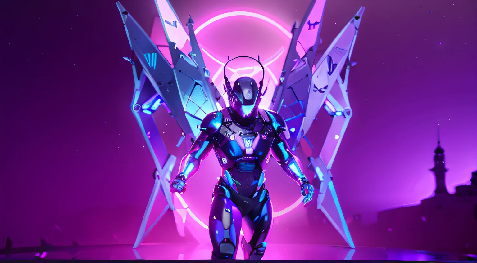MALE. MAN. MAN. MALE..wings leds, divine paradise. neon blue and Purple butterfly wings leds. heavenly illumination. God. Holy robotic. levitating. Position of god. Deitado na cama. strong, robust and masculine body. fat arms. Position of divinity. Floating. divine statue, pedestal, holy pedestal. levitating. masterpiece, best quality, a close up of a futuristic looking cyborg man with a fantastic cyber helmet head with blue and Purple triangle led lights and a halo, full body, dancing. dance. synthwave ballad. silver pants. wearing a blue and Purple techwear jacket, white church in background. jump, full body, robotic legs. divine statue, pedestal, holy pedestal. neon blue and Purple butterfly wings leds. MASCULINE. MALE MASCULINE. Boy Muscular
