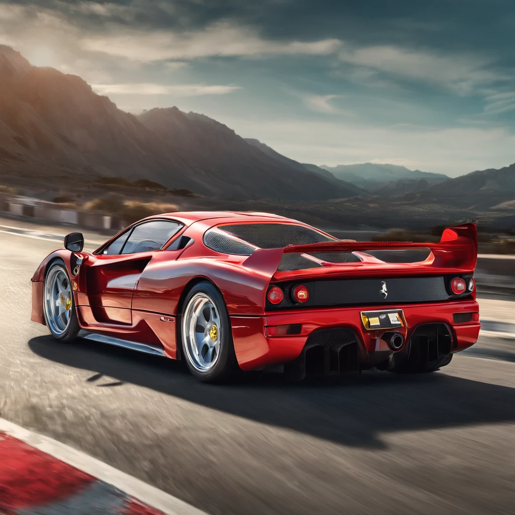 red ferrari f40,on the road,best quality,8k,ultra-detailed,realistic,RAW,UHD,sharp focus,vivid colors,bokeh,extremely detailed car,professional,physically-based rendering,bright sunlight,clear blue sky,speed motion blur,reflective glossy surface,metallic red paint,iconic design,curved aerodynamic body,muscular and aggressive stance,classic supercar,precision engineering,showcasing power and performance,sleek lines and contours,glowing red brake calipers,racing-inspired interior,leather sports seats,carbon fiber accents,speedometer and RPM meter,dynamic motion,exhilarating driving experience,impressive acceleration and top speed,roaring engine sound,driving pleasure,enviable status symbol,admiring gazes from onlookers,passionate car enthusiasts,designed to be admired,ultimate expression of automotive art,impeccable craftsmanship,flawless attention to detail,effortlessly captures attention,showcasing the epitome of luxury and elegance.