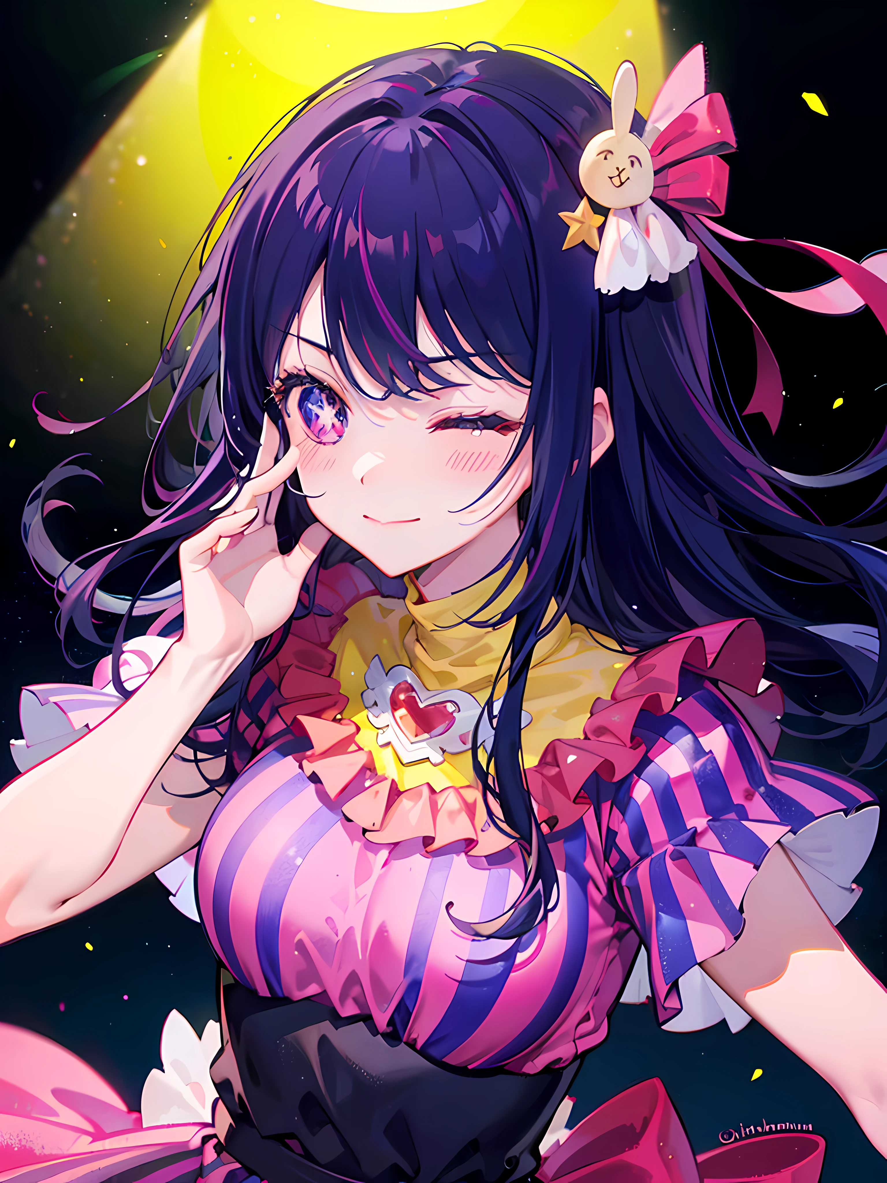 1 girl,(Ai Hoshino, Long hair, Purple hair, Striped hair ,Purple eyes, Star-shaped pupils, hair adornments) ,((masterpiece)), ((best quality)), (ultra-detailed), ((kawaii)), cute, (lovely), ((extremely detailed)), 4K, (8K), best quality, (beautiful), extremely detailed game CG, Live performance venue, a cute girl, 1girl, solo, idol, beautiful black short hair, colorful glow stick,colorful Spotlight hair ornaments, smile, closed eyes, ((idol)), big smile, purple dress