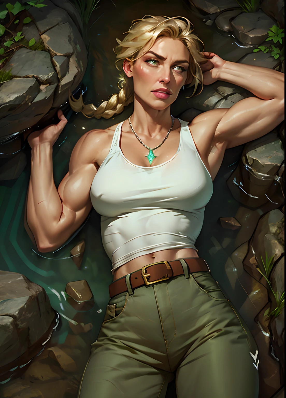 1girl, close up of sinclair, braided ponytail, white tank top, large breasts , gritting teeth, green pants, belt, night, laying on rocks, back injury, pain expression, hurt, hand on back, laying on side, rocky floor, volumetric lighting, best quality, masterpiece, realistic, birds eye view, less muscular, softer body, glowing crystal necklace