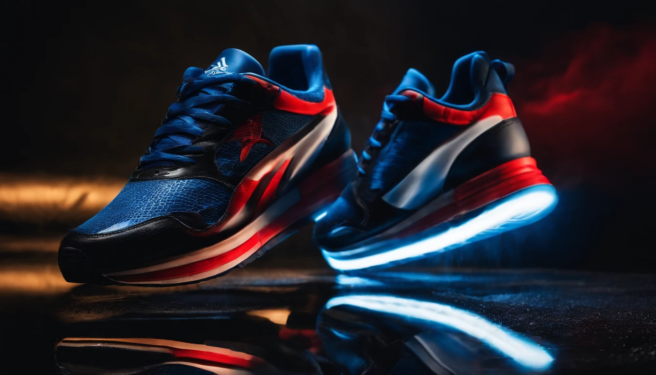 Advertising poster of modern trainers, aggressive design and black blue and red colours, sporty style, throwback sole, flashes of multi-coloured fog, reflection in water, realistic professional photography, 8k --ar 16:9