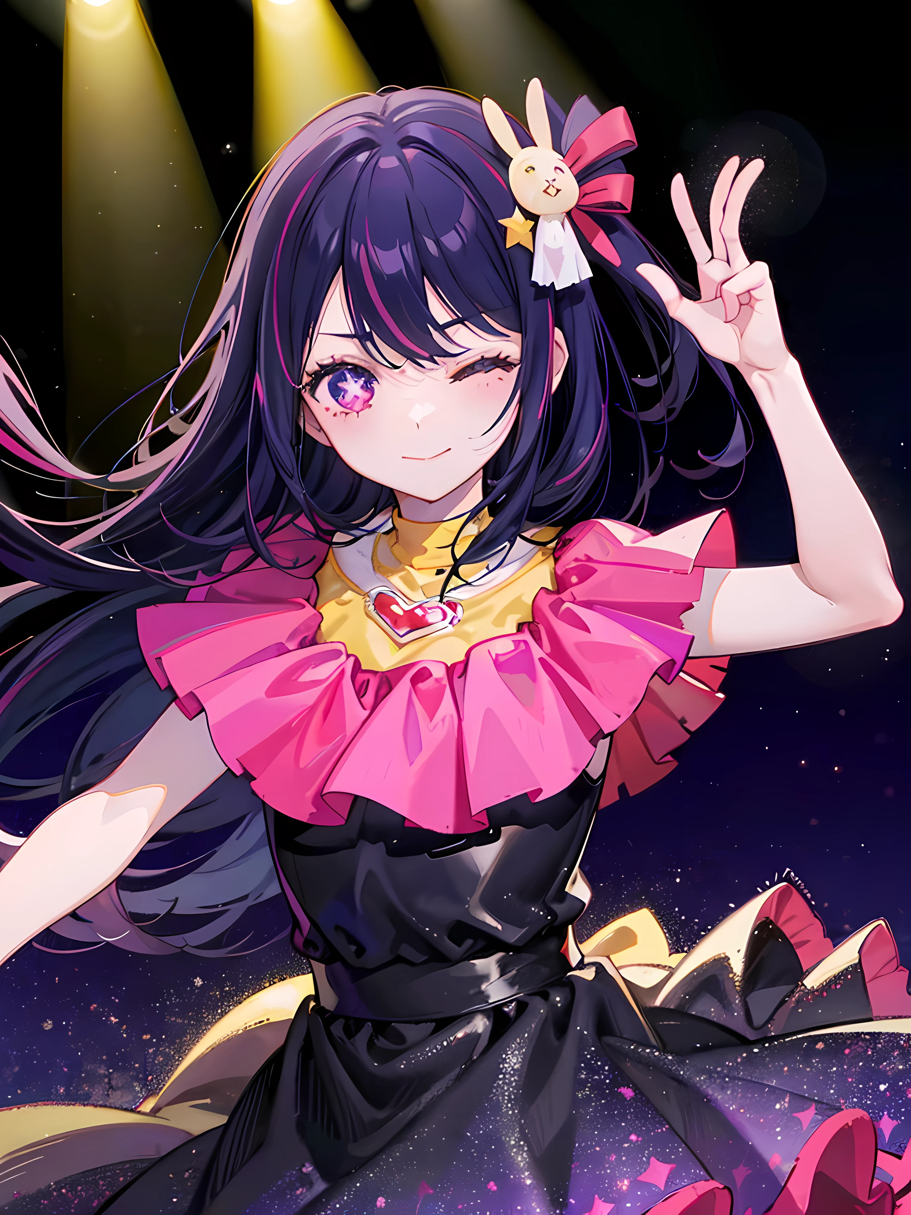 1 girl,(Ai Hoshino, Long hair, Purple hair, Striped hair ,Purple eyes, Star-shaped pupils, hair adornments) ,((masterpiece)), ((best quality)), (ultra-detailed), ((kawaii)), cute, (lovely), ((extremely detailed)), 4K, (8K), best quality, (beautiful), extremely detailed game CG, Live performance venue, a cute girl, 1girl, solo, idol, beautiful black short hair, colorful glow stick,colorful Spotlight hair ornaments, smile, closed eyes, ((idol)), big smile, purple dress