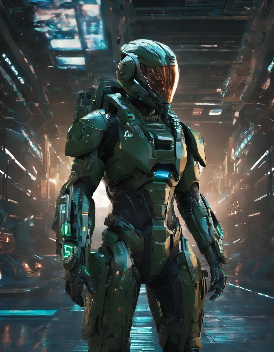 Futuristic soldier with advanced armor, weaponry, and helmet, dark army green, street, overcast, reflection mapping, intricate design and details, dramatic lighting, hyperrealism, photorealistic, cinematic, 8k, unreal engine --ar 9:16 --s 750