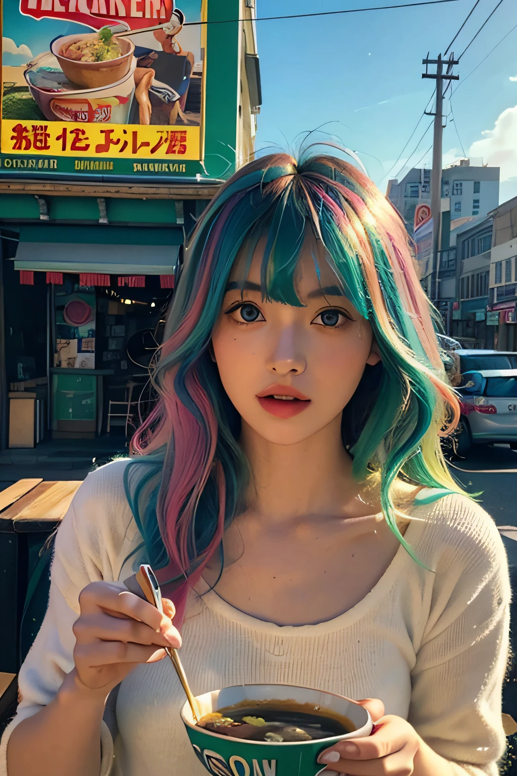 rainbow color hair girl(bang hair), green eyes(Beautiful eyes), old vintage poster, old texture, a girl, shines a subtle light, retro neon, city pop color, strong light, eating ramen noodles on a big bowl, , rainbow behind her