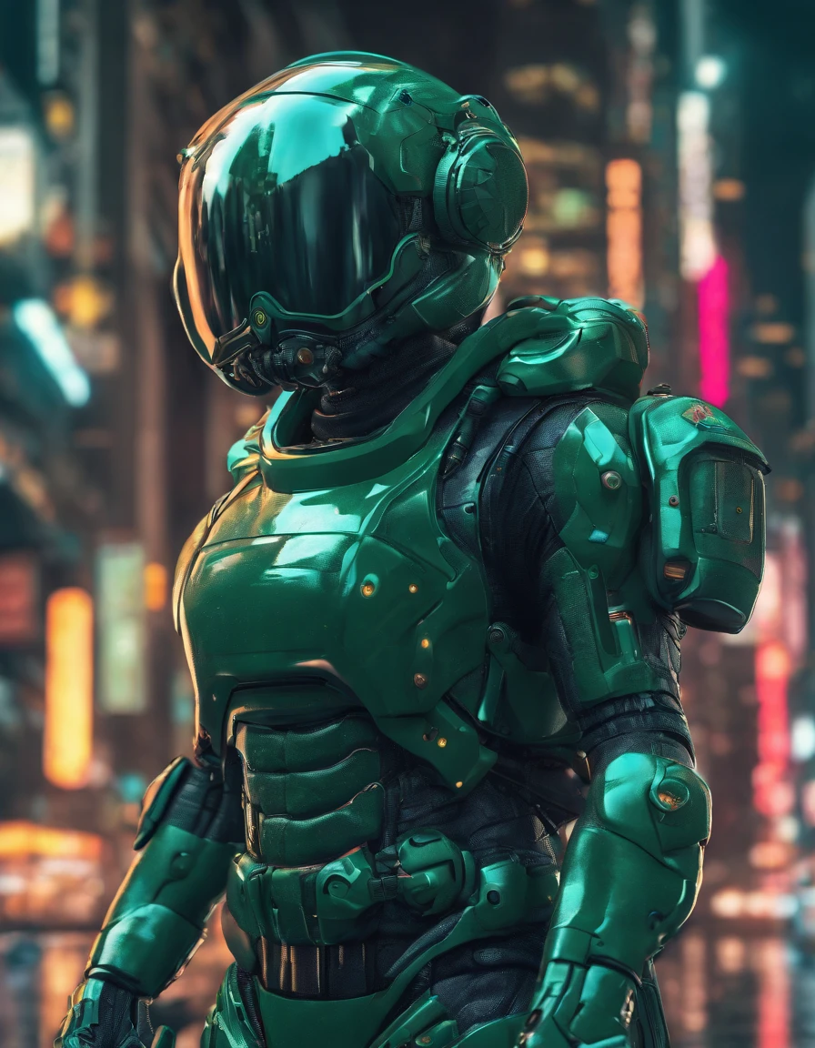 Futuristic soldier with advanced armor, weaponry, and helmet, dark army green, street, overcast, reflection mapping, intricate design and details, dramatic lighting, hyperrealism, photorealistic, cinematic, 8k, unreal engine --ar 9:16 --s 750