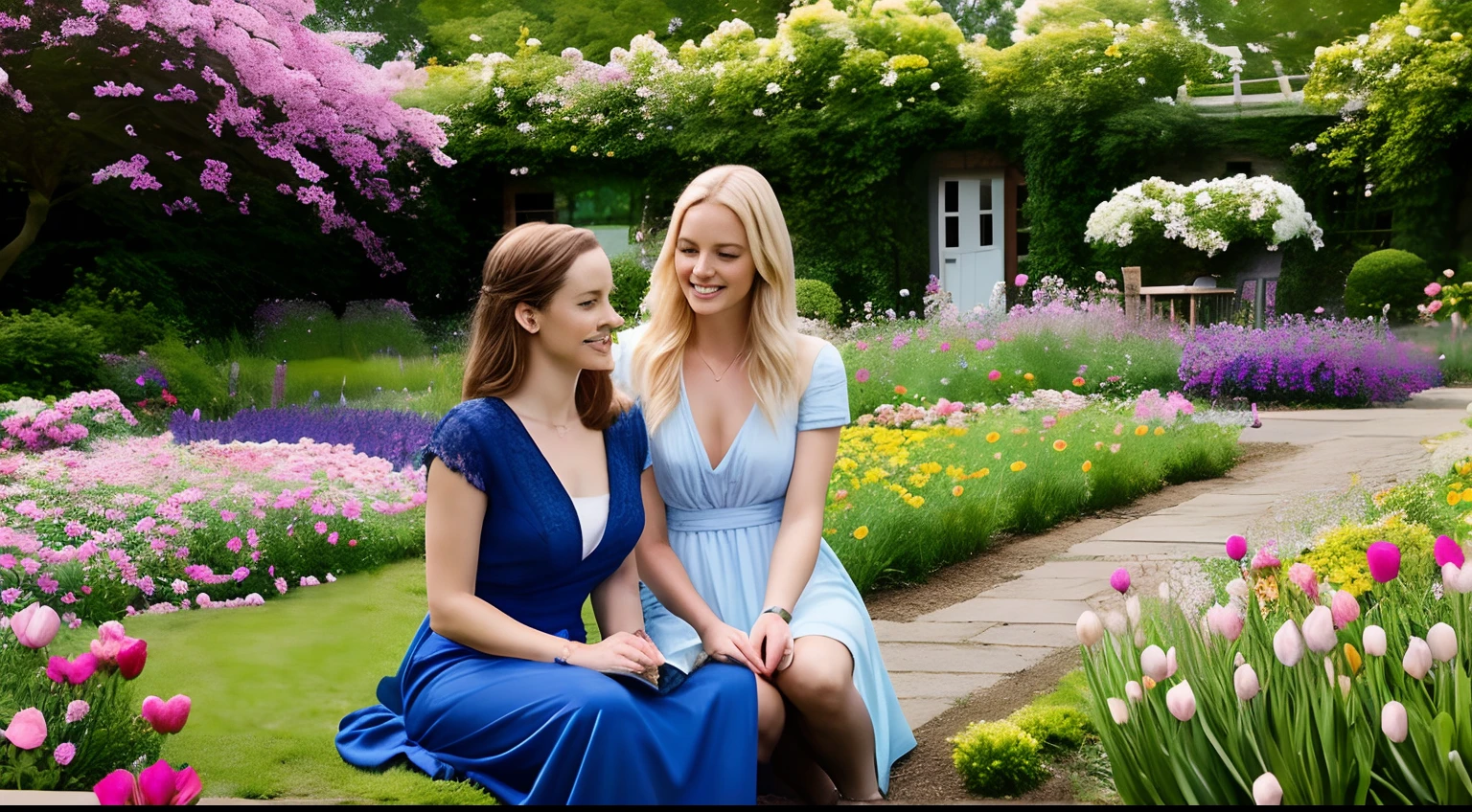 Create an image of the confident Irish woman and the young blonde in a vibrant garden, surrounded by blooming flowers, sharing stories that reflect the passing of knowledge and experiences.