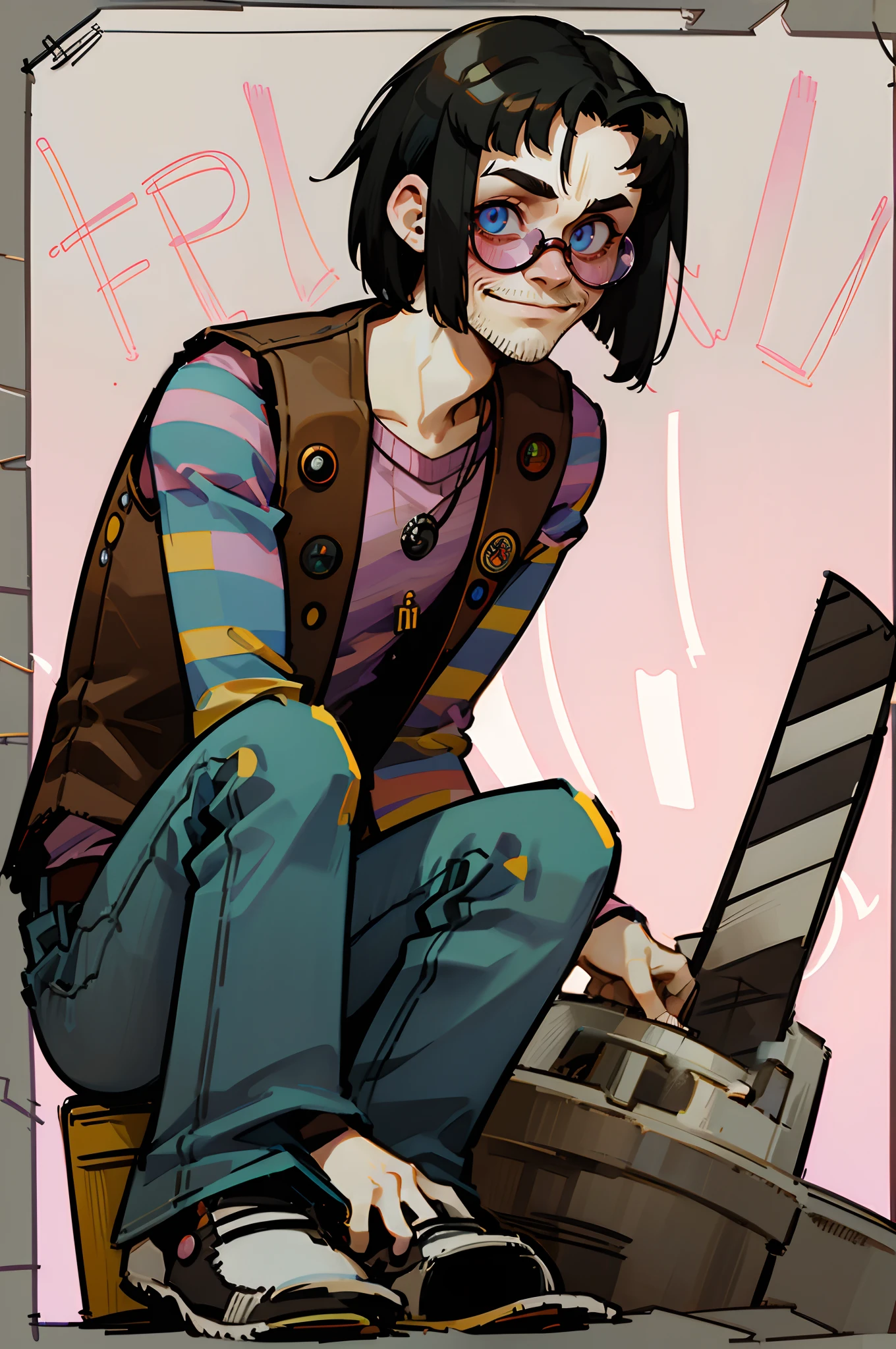 ChopTop, solo, smile, blue eyes, shirt,, long sleeves, 1boy, full body, male focus, shoes, glasses, striped, pants, vest, slight facial hair, sunglasses, striped shirt, slight mustache, bell bottom jeans, metal plate in head, round frame sunglasses, mature male, squatting, black hair, bob cut
