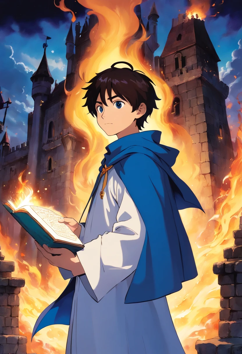 A young sorcerer's apprentice with his magic book in hand, the book is on black fire, the young man is dressed in a white outfit with a dark blue cape, it is in the background is a burning castle, blue