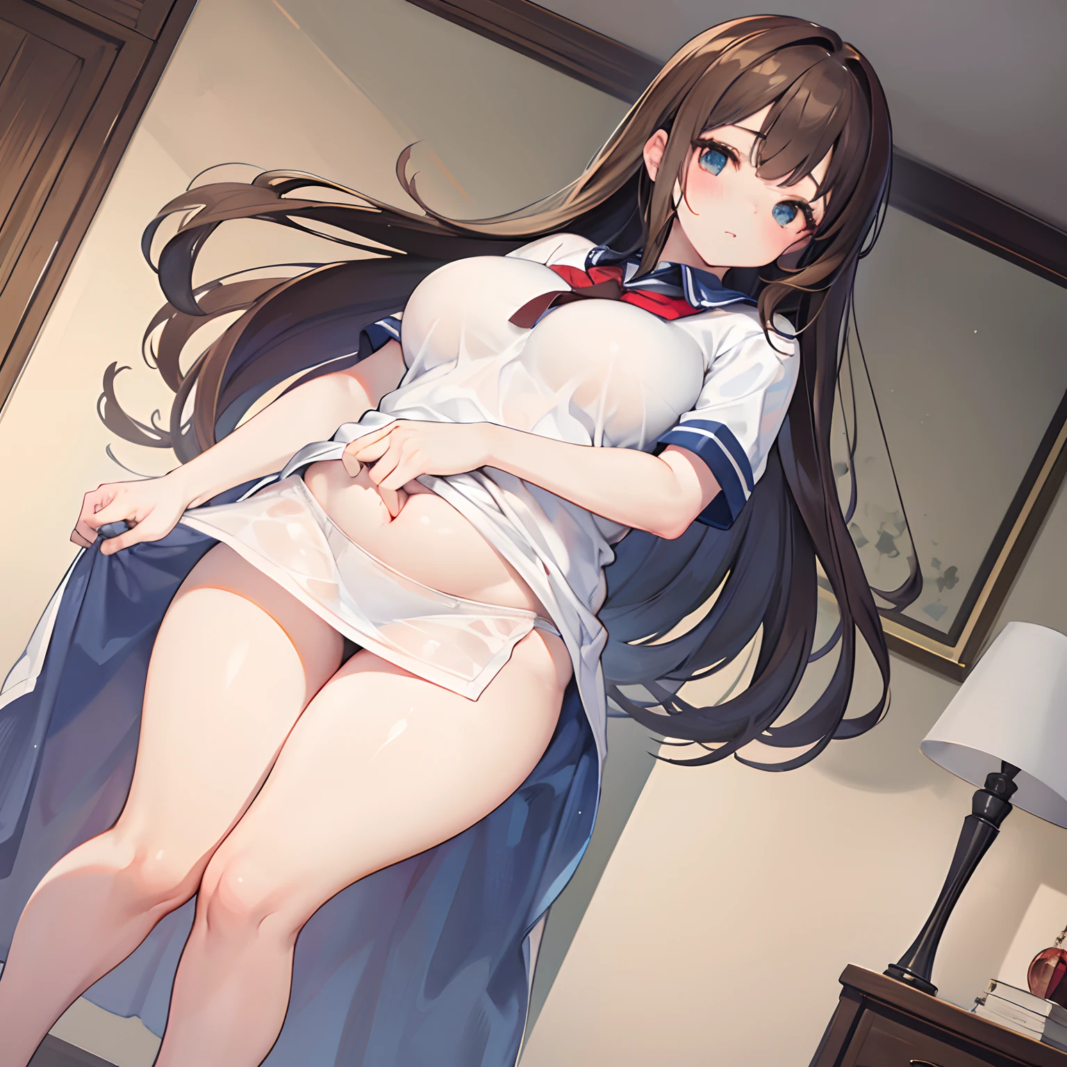 Extremely detailed, masterpiece, high resolution, realistic, 1girl, (very short), small chubby legs, big waist, (large bust:1.2), (very long brown hair), hazel eyes, alluring eyes, unbelievably cute face, cute eyes, looking down at viewer, short white skirt, white polo shirt, tight clothes, full body shot, in bedroom, (soaking wet), just got out of shower, (incredibly wide hips), (chubby:1.4)