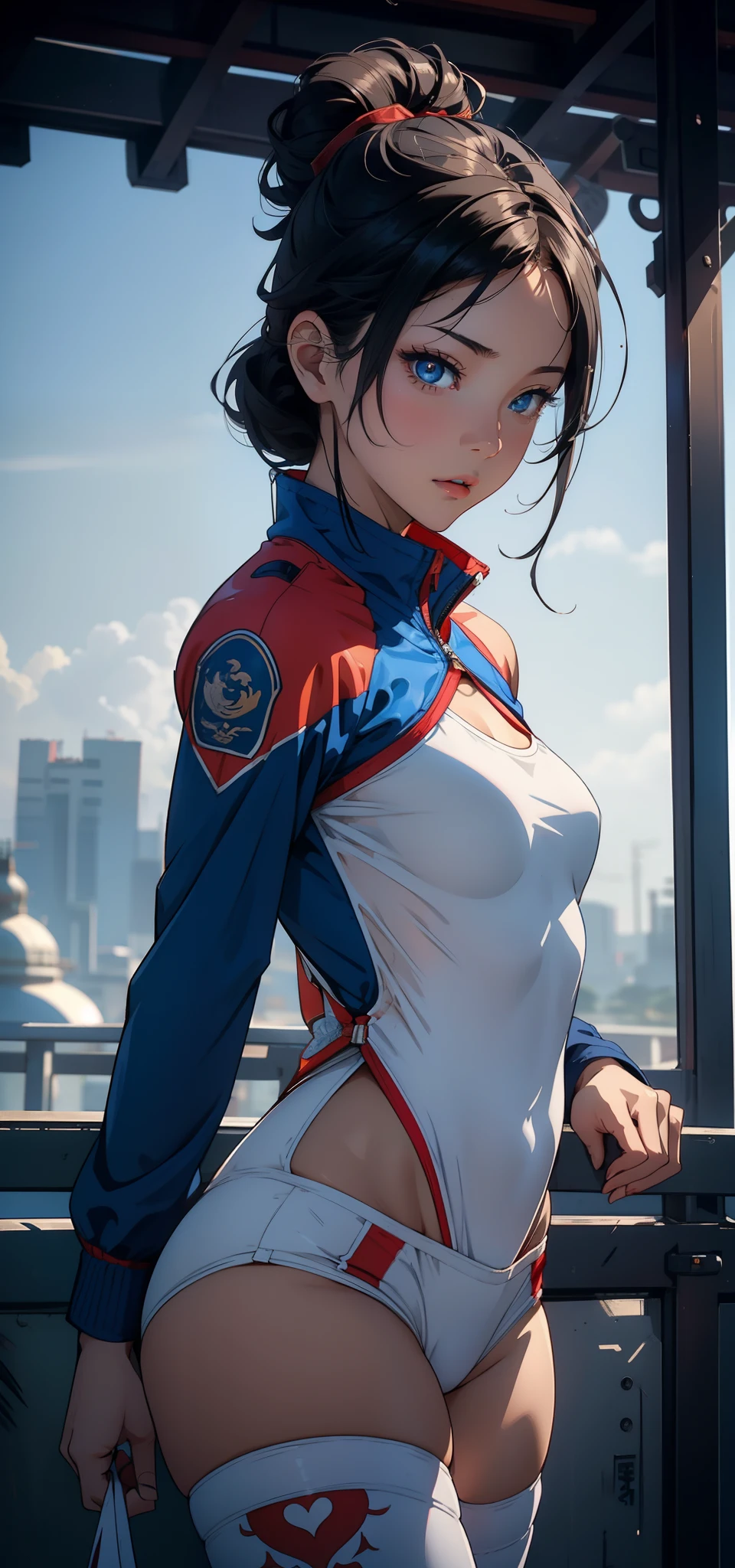 1female，Small loli，Pornographic exposure， 独奏，（Background with：stadio） She has short black hair，bobo head，Station，seen from the front， hair straight， mostly cloudy sky，（（（tmasterpiece），（Very detailed CG unity 8K wallpaper），best qualtiy，cinmatic lighting，detailed back ground，beatiful detailed eyes，Bright pupils，（Very fine and beautiful），（Beautiful and detailed eye description），ultra - detailed，tmasterpiece，）），facing at camera，A high resolution，ultra - detailed），revealing breasts，Bare genitalia，  Bulge，legs are open，Raised sexy，Camel toes，Flushed complexion，Open-mouthed，frontage，Chinese Air Force，Aviator，（Wearing：Track and field suits，White pantyhose，Blue and red color scheme）on cheongsam