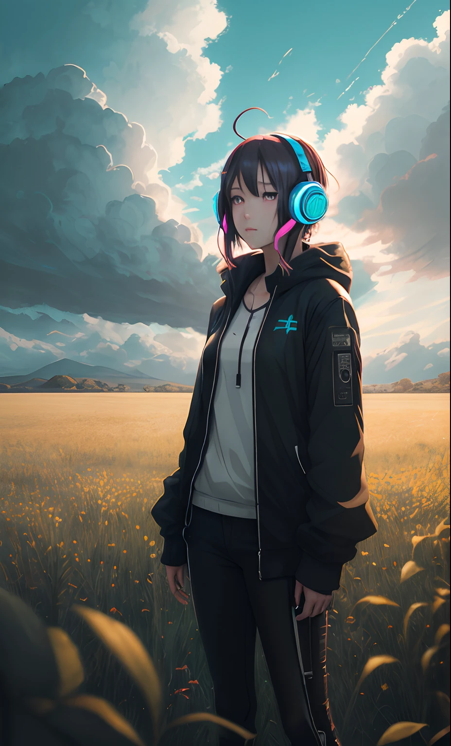 An anime cyberpunk girl wearing headphones and standing in a field, no estilo de retratos realistas hiper-detalhados, cabincore, cores terrosas, ambiciosos, dinopunk, atmospheric clouds, Bold manga-inspired characters