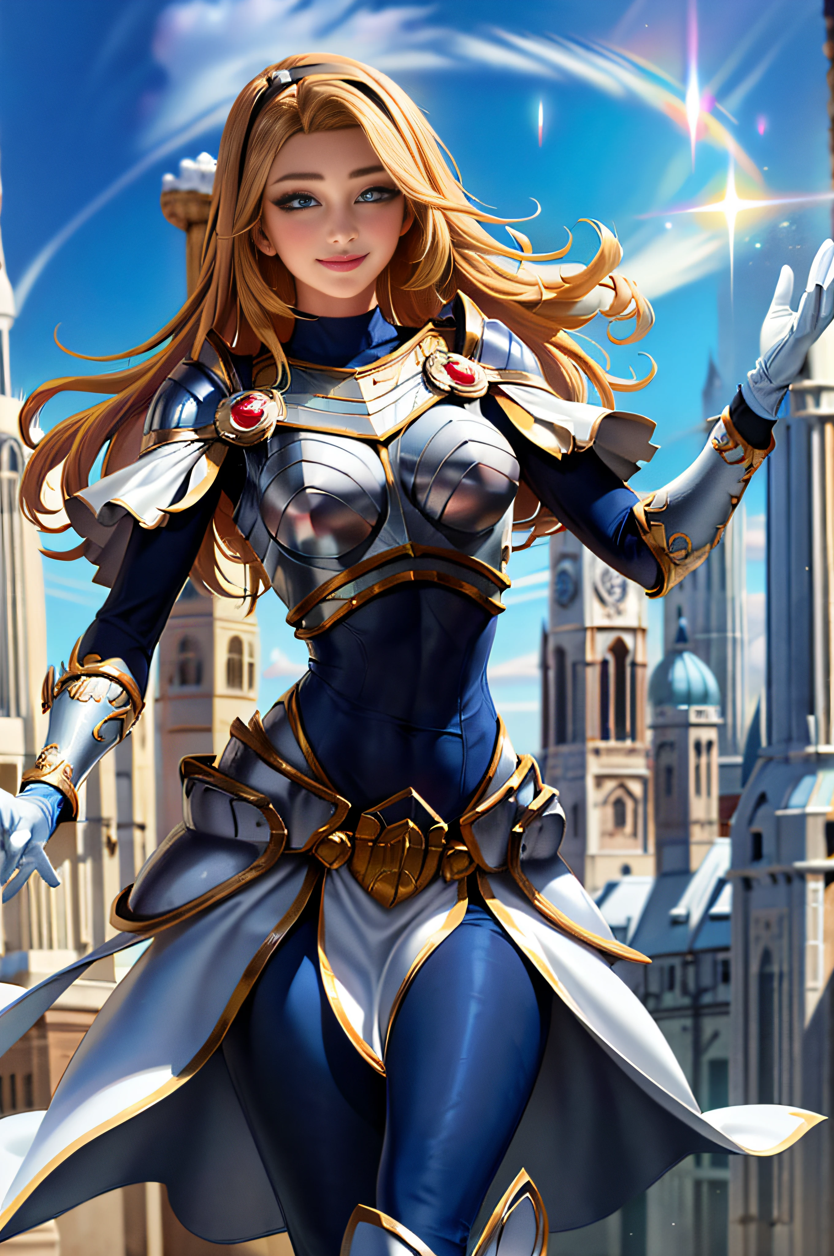 masterpiece, best quality, highres, lux1, long hair, 1girl, solo, armor, breastplate, bodysuit, gloves, white gloves, boobplate, magic, spell,smile