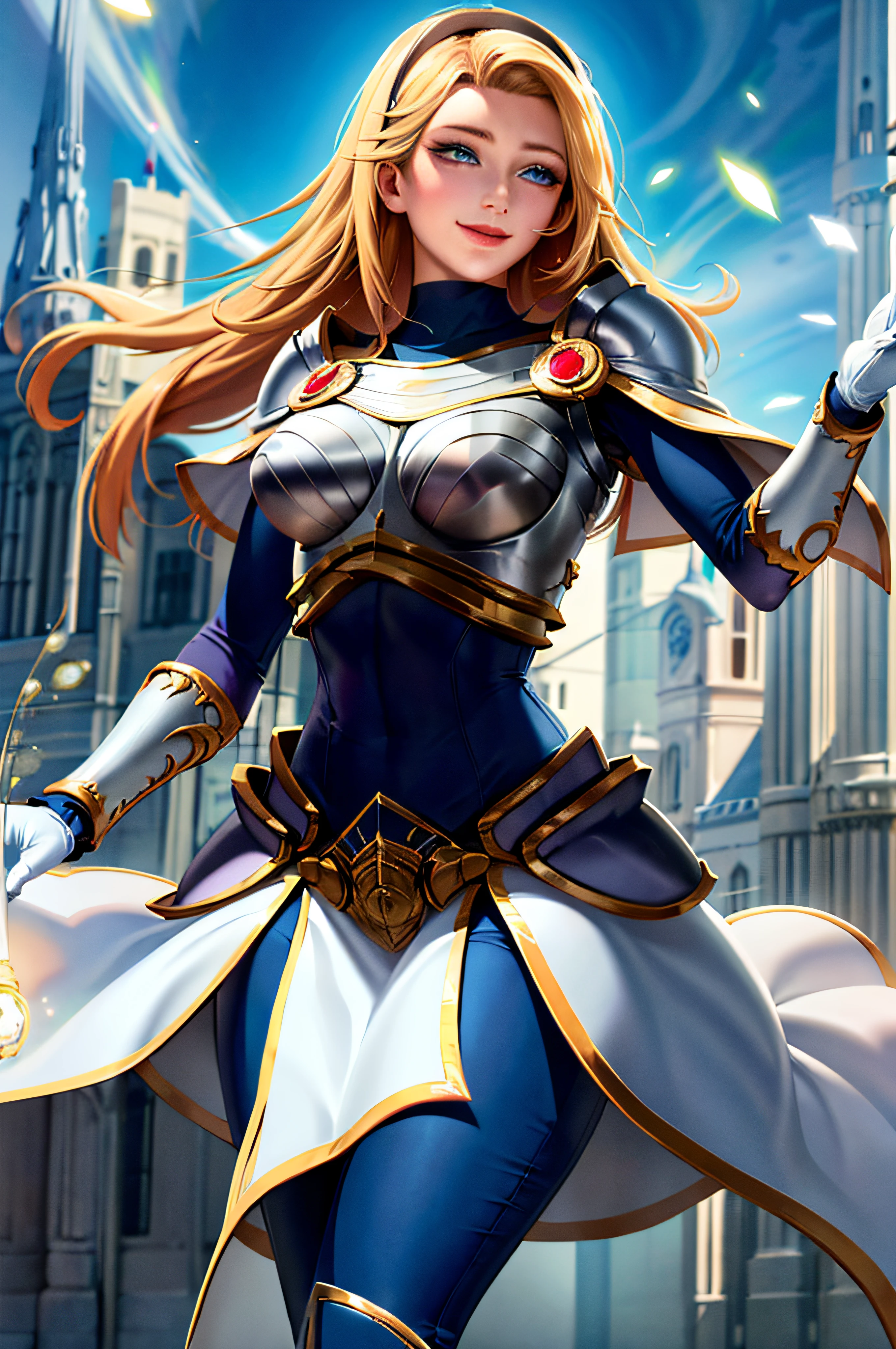 masterpiece, best quality, highres, lux1, long hair, 1girl, solo, armor, breastplate, bodysuit, gloves, white gloves, boobplate, magic, spell,smile