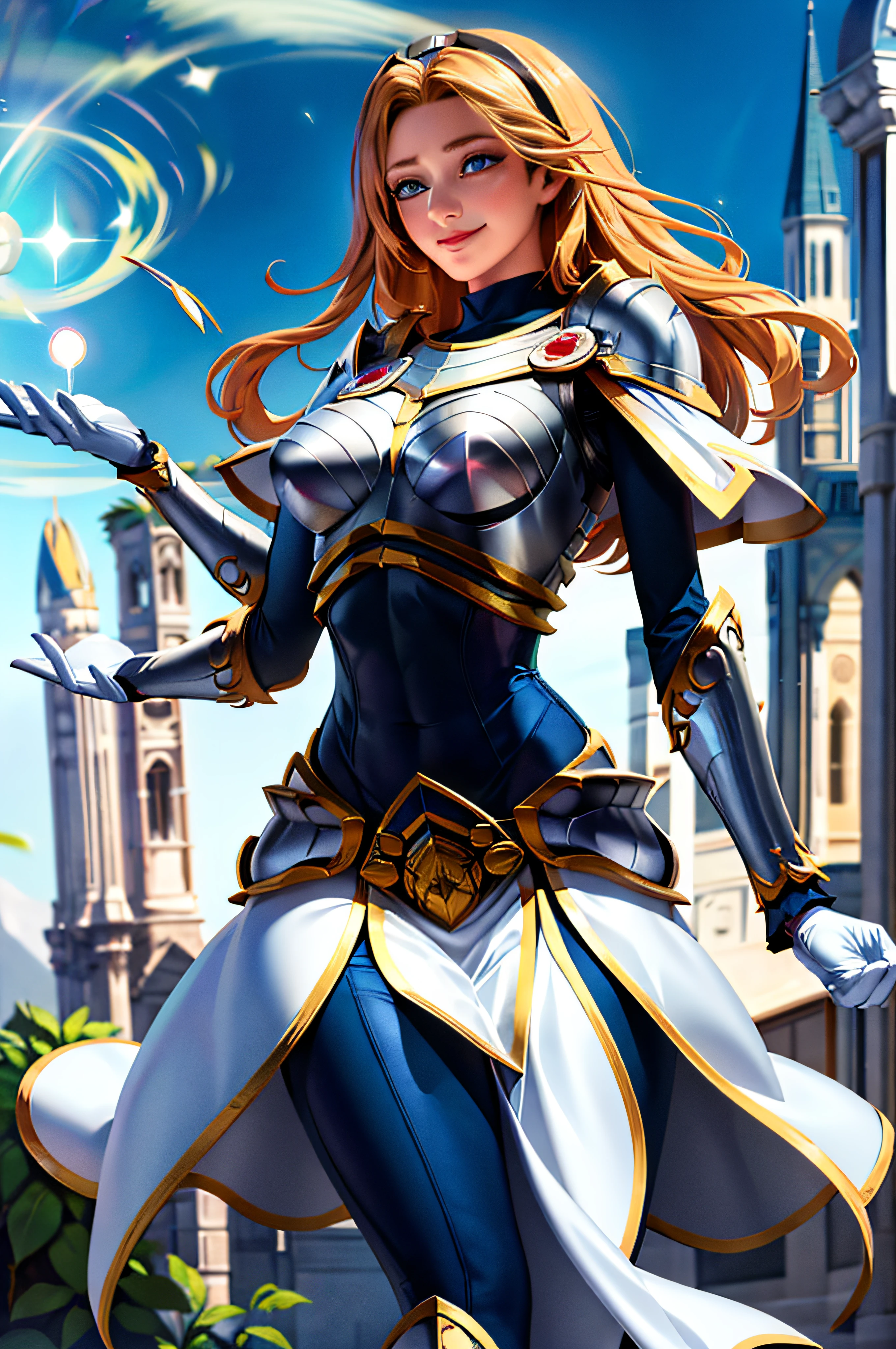 masterpiece, best quality, highres, lux1, long hair, 1girl, solo, armor, breastplate, bodysuit, gloves, white gloves, boobplate, magic, spell,smile