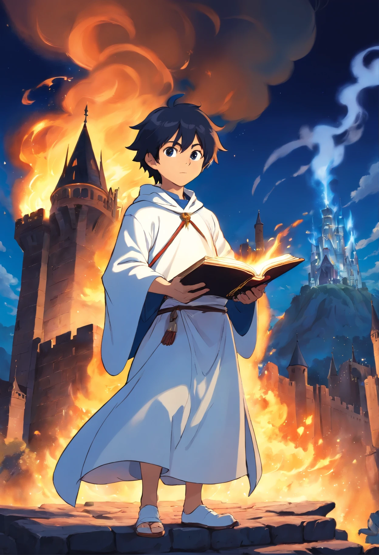 A young sorcerer's apprentice with his magic book in hand, the book is on black fire, the young man is dressed in a white outfit with a dark blue cape, it is in the background is a burning castle, blue