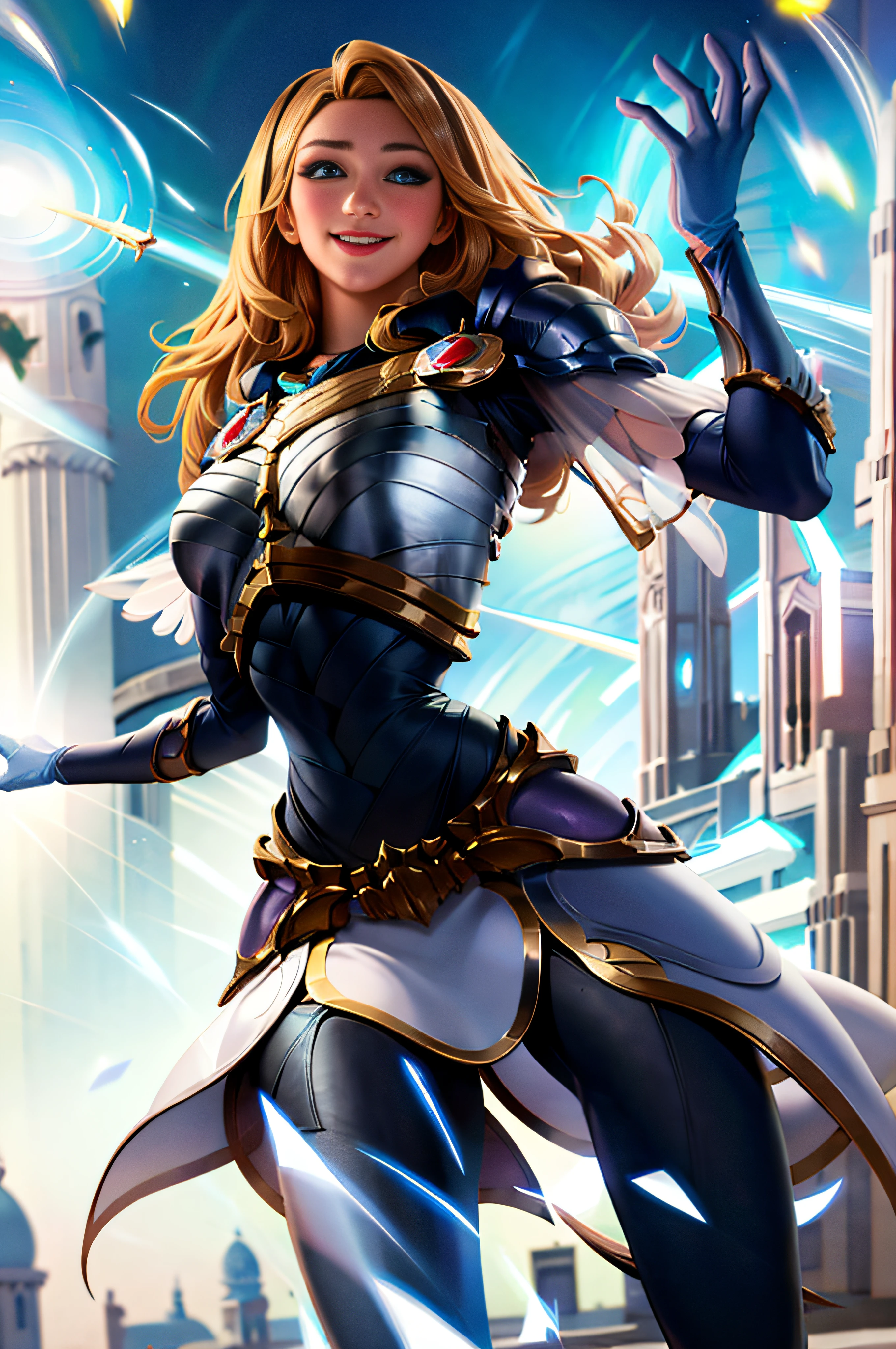 masterpiece, best quality, highres, lux1, long hair, 1girl, solo, armor, breastplate, bodysuit, gloves, white gloves, boobplate, magic, spell,smile
