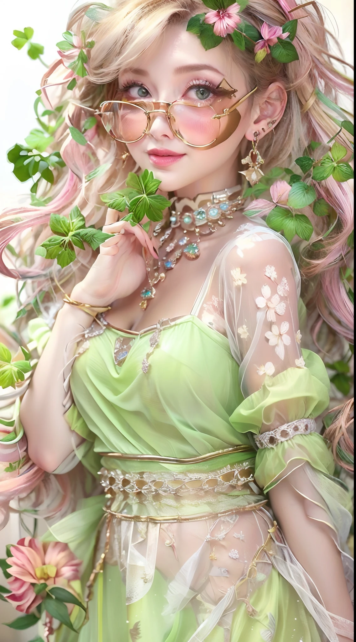 (Best quality,32K,A high resolution,Masterpiece:1.2),Ultra-detailed,(Realistic,Photorealistic,photo-realistic:1.37),Green clover hair,detailed hairs,Detailed eyes,Metal glasses frame,Tempting eyeballs,Reflective,Plump pink lips,Heart-shaped earrings,smiling expression,Pink translucent maxi dress，Served in glass bottles