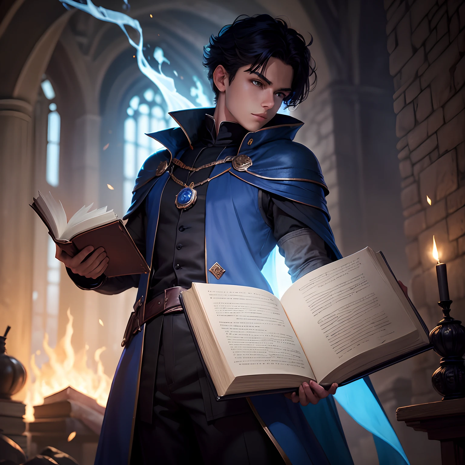A young sorcerer's apprentice with his magic book in hand, the book is on black fire, the young man is dressed in a white outfit with a dark blue cape, it is in the background is a burning castle, blue