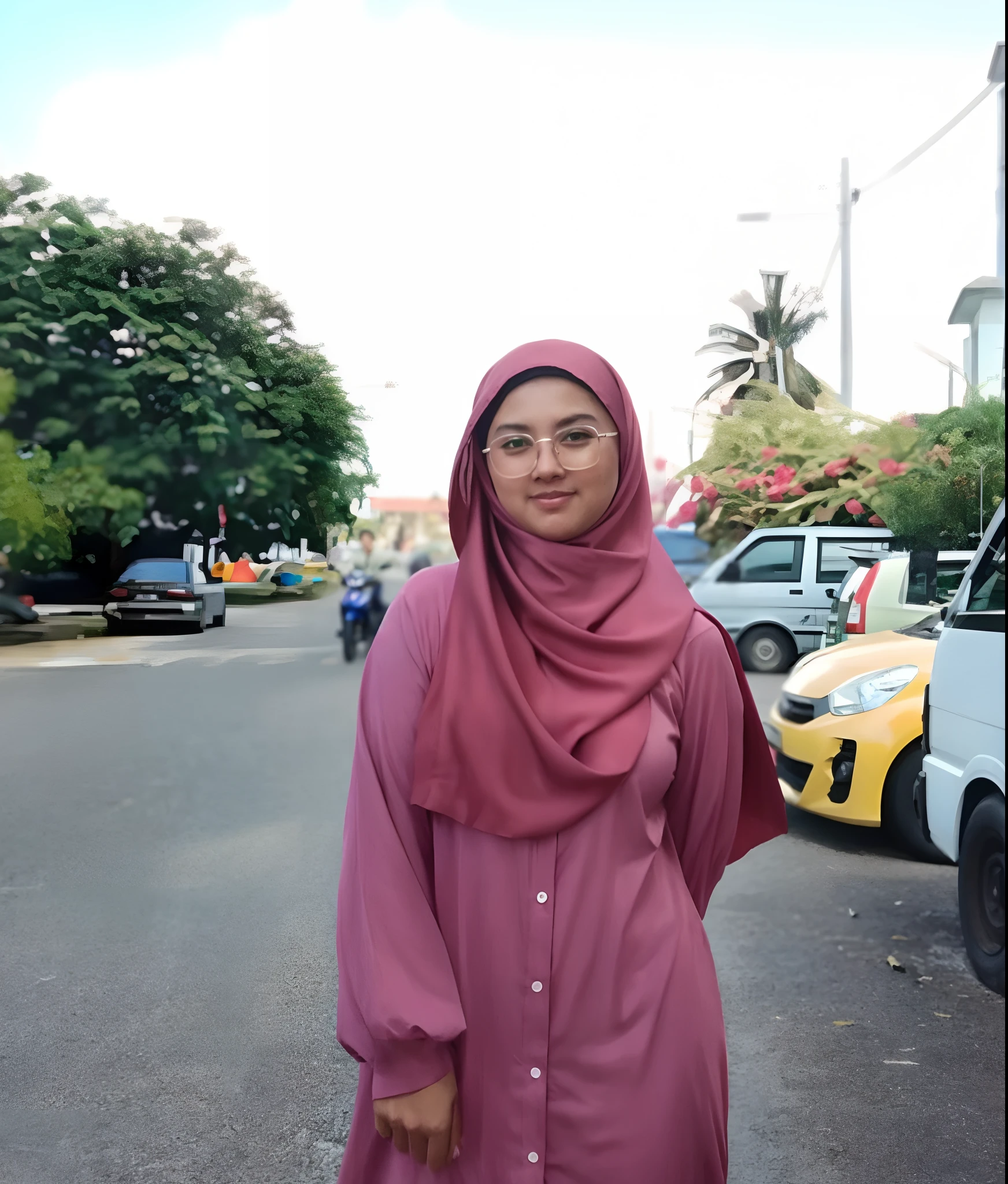 there is a woman standing on the street in a pink hijab, inspired by Naza, malaysian, hijab, inspired by Nazmi Ziya Guran, inspired by Fathi Hassan, student, inspired by Shaddy Safadi, faridah malik, inspired by JoWOnder, inspired by Ismail Acar, cute woman, taken at golden hour, in city street, wearing red lingerie, holding a flower
