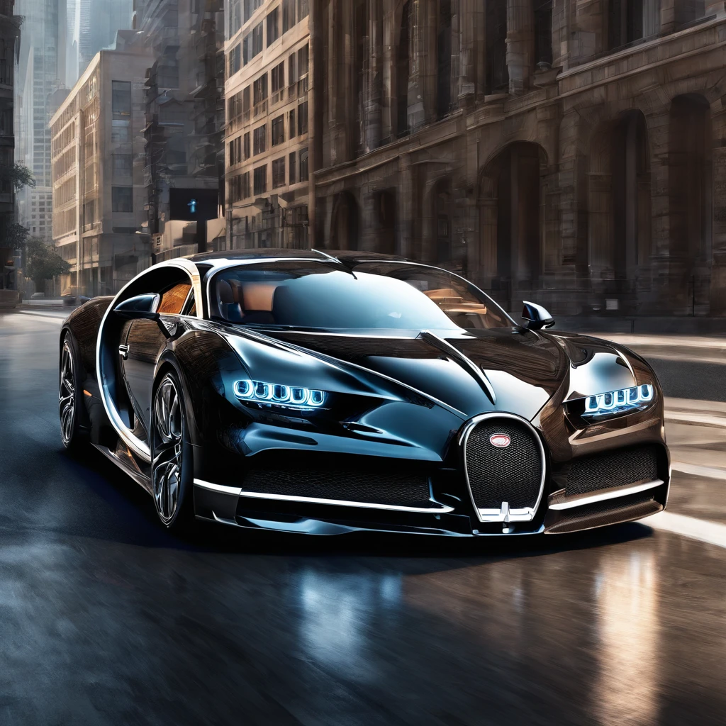 bugatti chiron,hyper-realistic rendering,shiny,luxury sports car,reflection of city lights on the sleek surface,crisp details,incredible speed,precision engineering,impressive aerodynamics,aggressive design,sleek lines,muscular body,showroom condition,DNA of a race car,vibrant racing colors,gleaming metallic finish,powerful engine,hint of exhaust smoke,zooming down an open highway,blurring background,high-performance tires,glossy black rims,elegant interior,plush leather seats,carbon fiber accents,powerful sound system,revving engine noise,exhilarating driving experience,accelerating from 0 to 60 in seconds,admiring onlookers,icon of automotive excellence,limited edition,exclusivity and prestige.