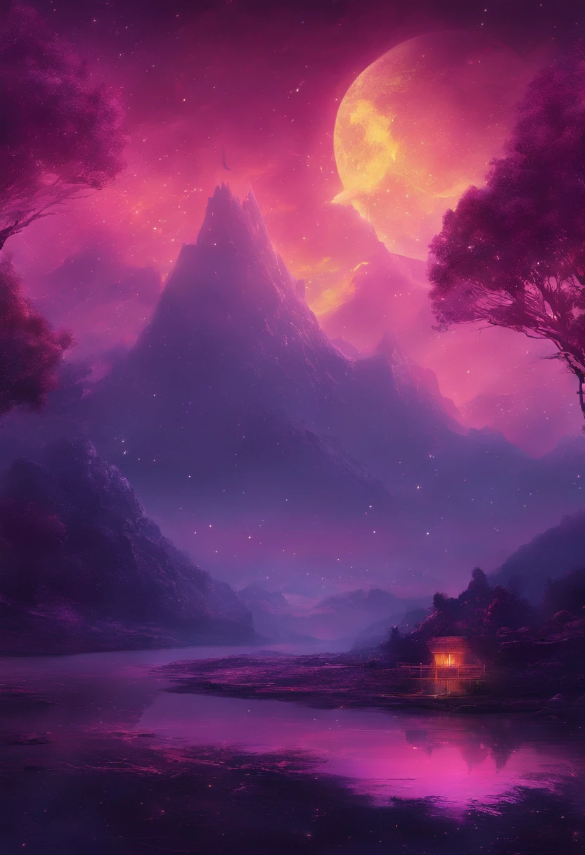Cielo Profundo, Cielo Estrellado, Colores Morados de fondo, Ambiente Mistico, Romantic atmosphere, 2 Personas irradiando luz,besandose y desprendiendo luz en todas direcciones --auto