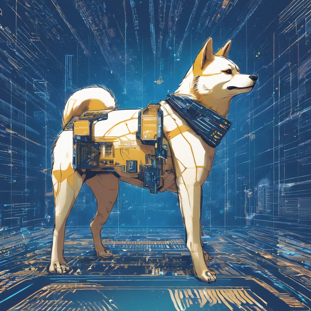 shiba inu, Cyber implants, ciberpunk, Background: Blue dots, connected by blue stripes