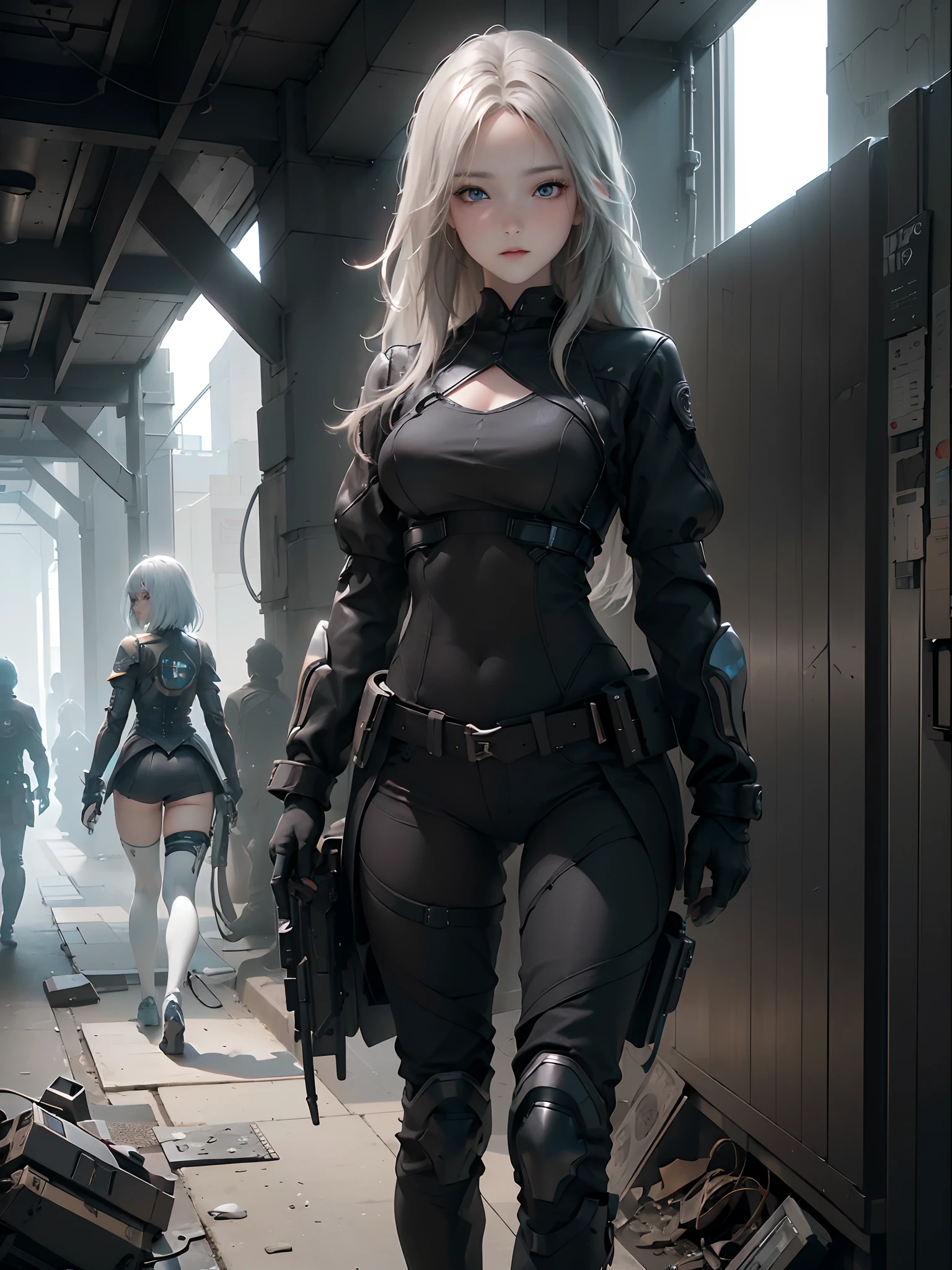 ((top-quality)), (((​masterpiece)), (detaileds: 1.4), 3D, Beautiful Cyberpunk Woman Image, bob cuts, Broken black tights, leather clothes, Electromechanical, nffsw(HighDynamicRange), Ray traching, NVIDIA RTX, Hyper-Resolution, Unreal 5, Sub-surface scattering, PBR Texture, Postprocess, Anisotropy Filtering, depth of fields, Maximum sharpness and acutance, Multilayer Texture, Albedo and Highlight Maps, Surface Coloring, Accurate simulation of light-material interactions, perfectly proportions、octane renderings、two tone lighting、Large aperture、Low ISO、White Balance、thirds rule、8K Raw、​masterpiece、top-quality、(8k extremely detailed CG unit wallpaper)(top-quality)、(The best illustrations)、(Best Shadows), innocent blue eyes, long hair, big titt