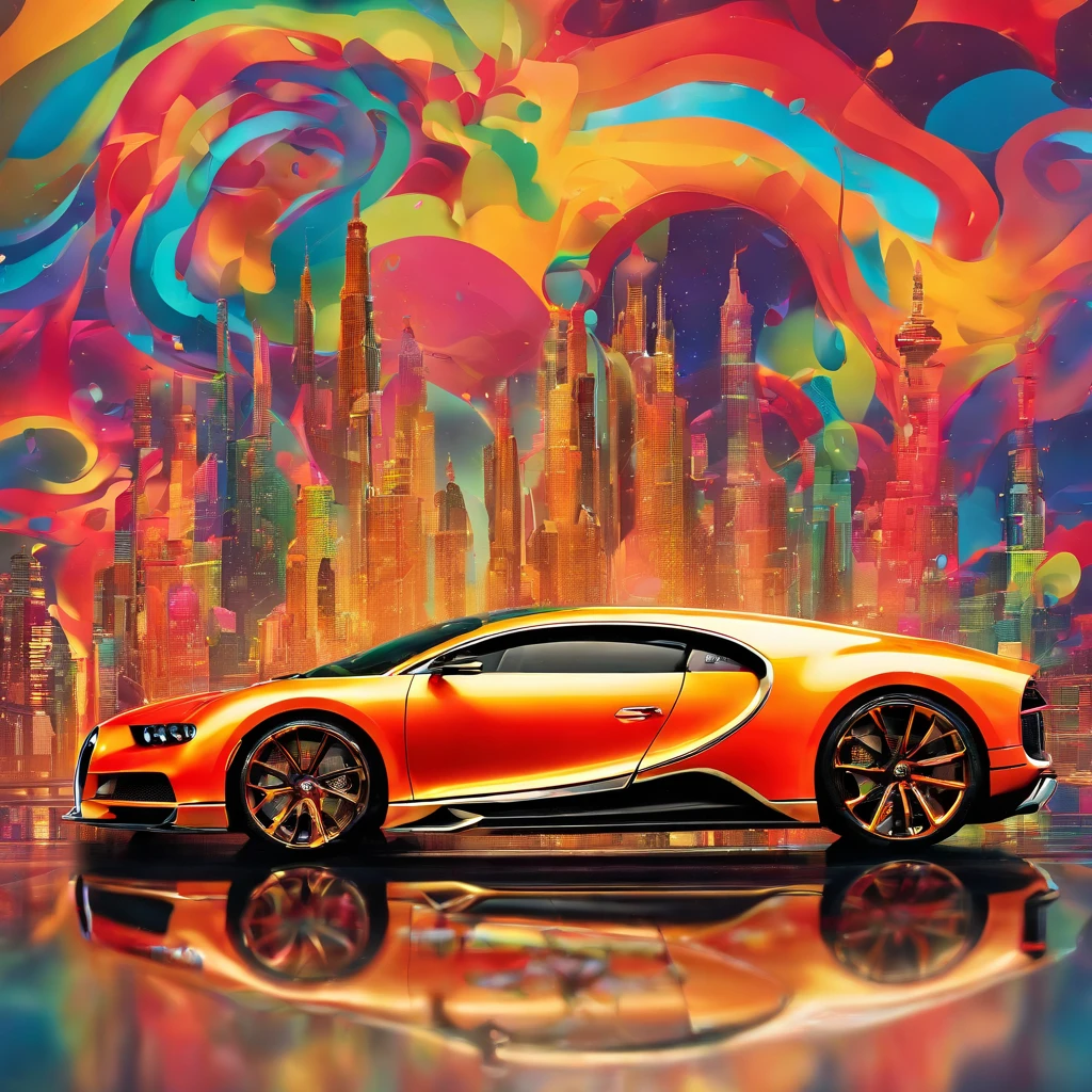 bugatti chiron,hyper-realistic rendering,shiny,luxury sports car,reflection of city lights on the sleek surface,crisp details,incredible speed,precision engineering,impressive aerodynamics,aggressive design,sleek lines,muscular body,showroom condition,DNA of a race car,vibrant racing colors,gleaming metallic finish,powerful engine,hint of exhaust smoke,zooming down an open highway,blurring background,high-performance tires,glossy black rims,elegant interior,plush leather seats,carbon fiber accents,powerful sound system,revving engine noise,exhilarating driving experience,accelerating from 0 to 60 in seconds,admiring onlookers,icon of automotive excellence,limited edition,exclusivity and prestige.