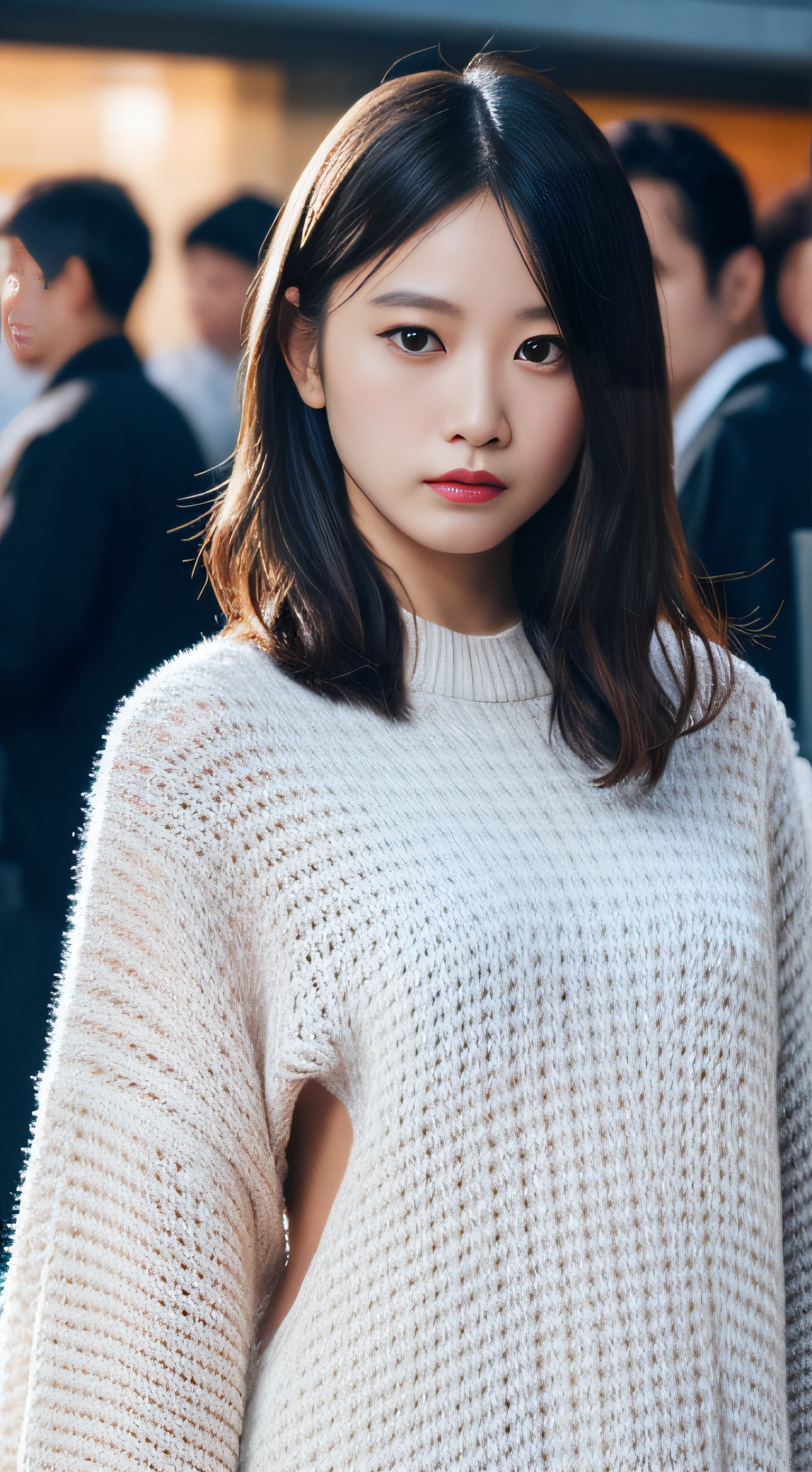 (NSFW:1.5), (NSFW:1.5), NSFW, SFW,8K、Raw photography、top-quality、,Full body portrait:2.0、medium distance shot、White rough woven sweater dress、Mini One Piece、(Composition from the knee up:1.2)、32K、ultra res、fully body photo:2.0, is standing:2.0、Best Quality, Raw photo, Photorealistic,Full body portrait:2.0、rialistic photo、(Small breasts:1.2), (skinny body), street corner、Crowds, Ginza、Full body, Looking at the camera、a beauty girl, Cute, length hair, depth of fields, High resolution, Ultra Detail, Fine detail, Highly detailed, Highly detailed eyes and face, Sharp pupils, Realistic pupils, Sharp Focus, softlighting