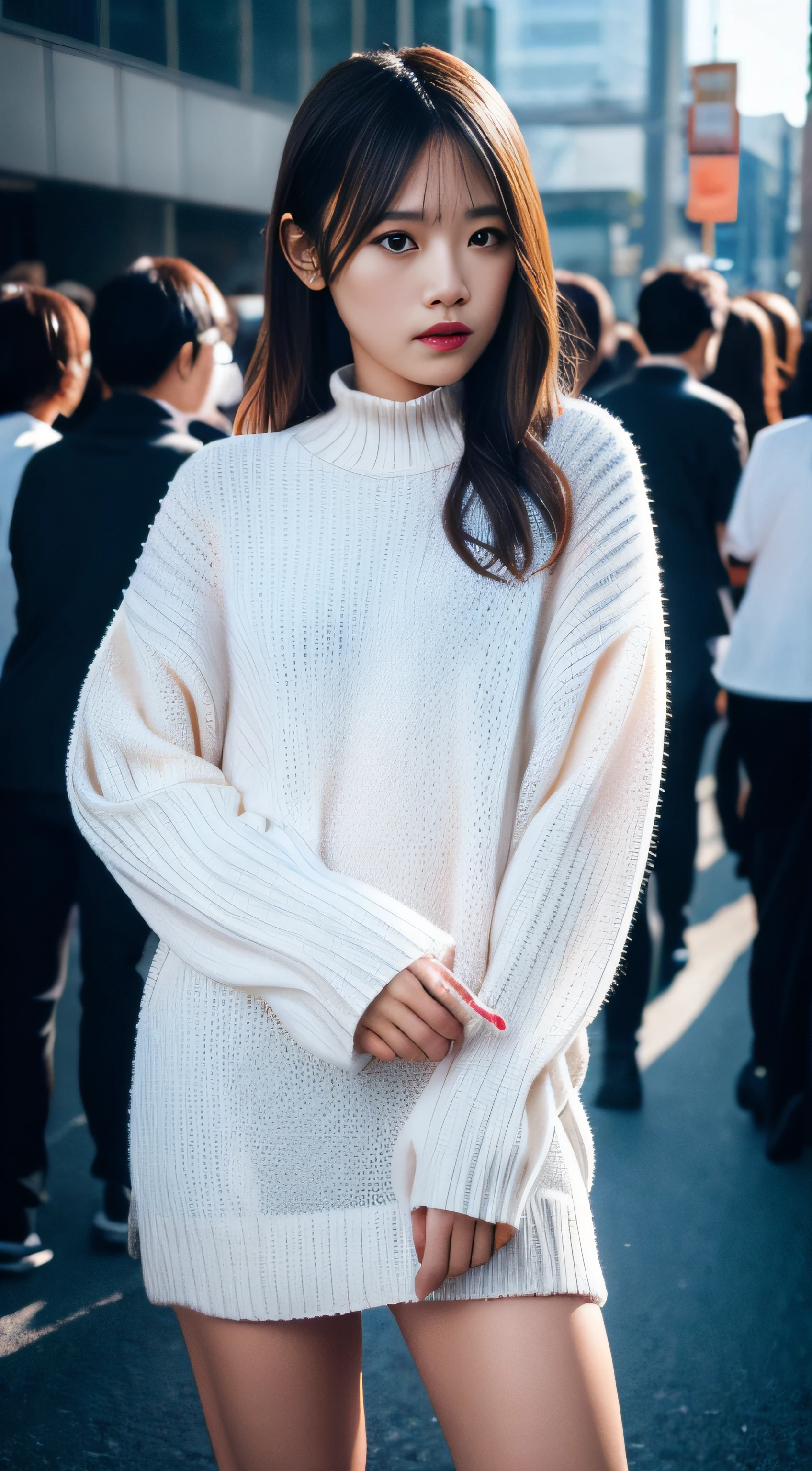(NSFW:1.5), (NSFW:1.5), NSFW, SFW,8K、Raw photography、top-quality、,Full body portrait:2.0、medium distance shot、White rough woven sweater dress、Mini One Piece、(Composition from the knee up:1.2)、32K、ultra res、fully body photo:2.0, is standing:2.0、Best Quality, Raw photo, Photorealistic,Full body portrait:2.0、rialistic photo、(Small breasts:1.2), (skinny body), street corner、Crowds, Ginza、Full body, Looking at the camera、a beauty girl, Cute, length hair, depth of fields, High resolution, Ultra Detail, Fine detail, Highly detailed, Highly detailed eyes and face, Sharp pupils, Realistic pupils, Sharp Focus, softlighting