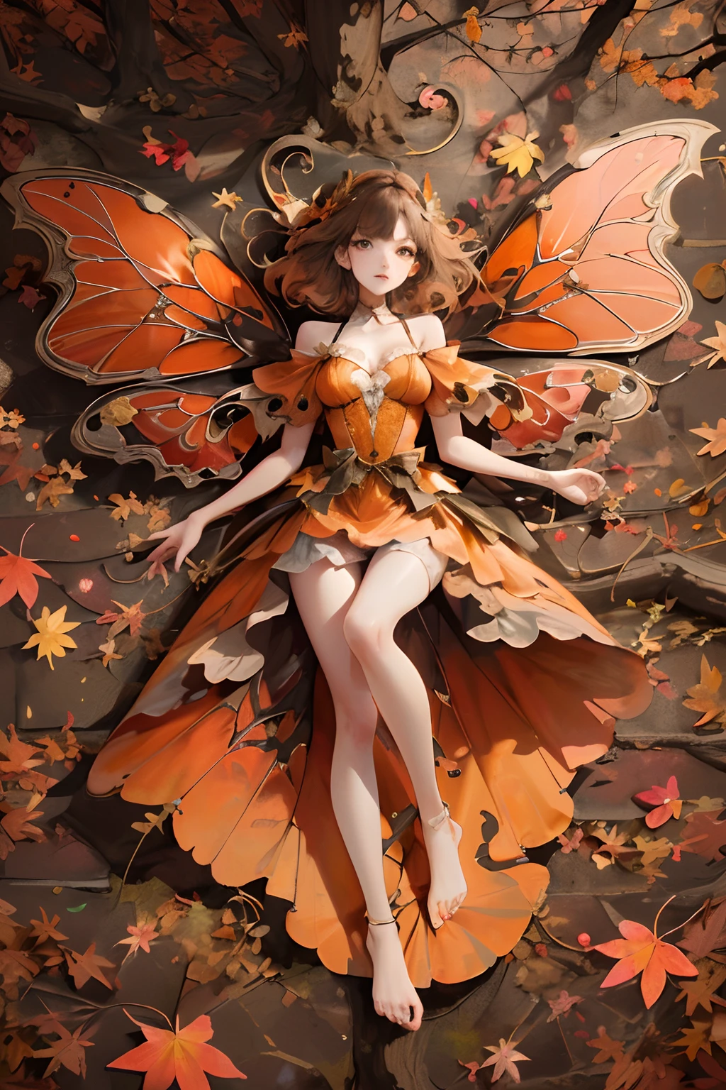 (masterpiece, best quality, high quality, highres, ultra-detailed), autumn scenery, falling leaves, warm color. 1girl with orange butterfly wings, beautiful, pretty,orange dress