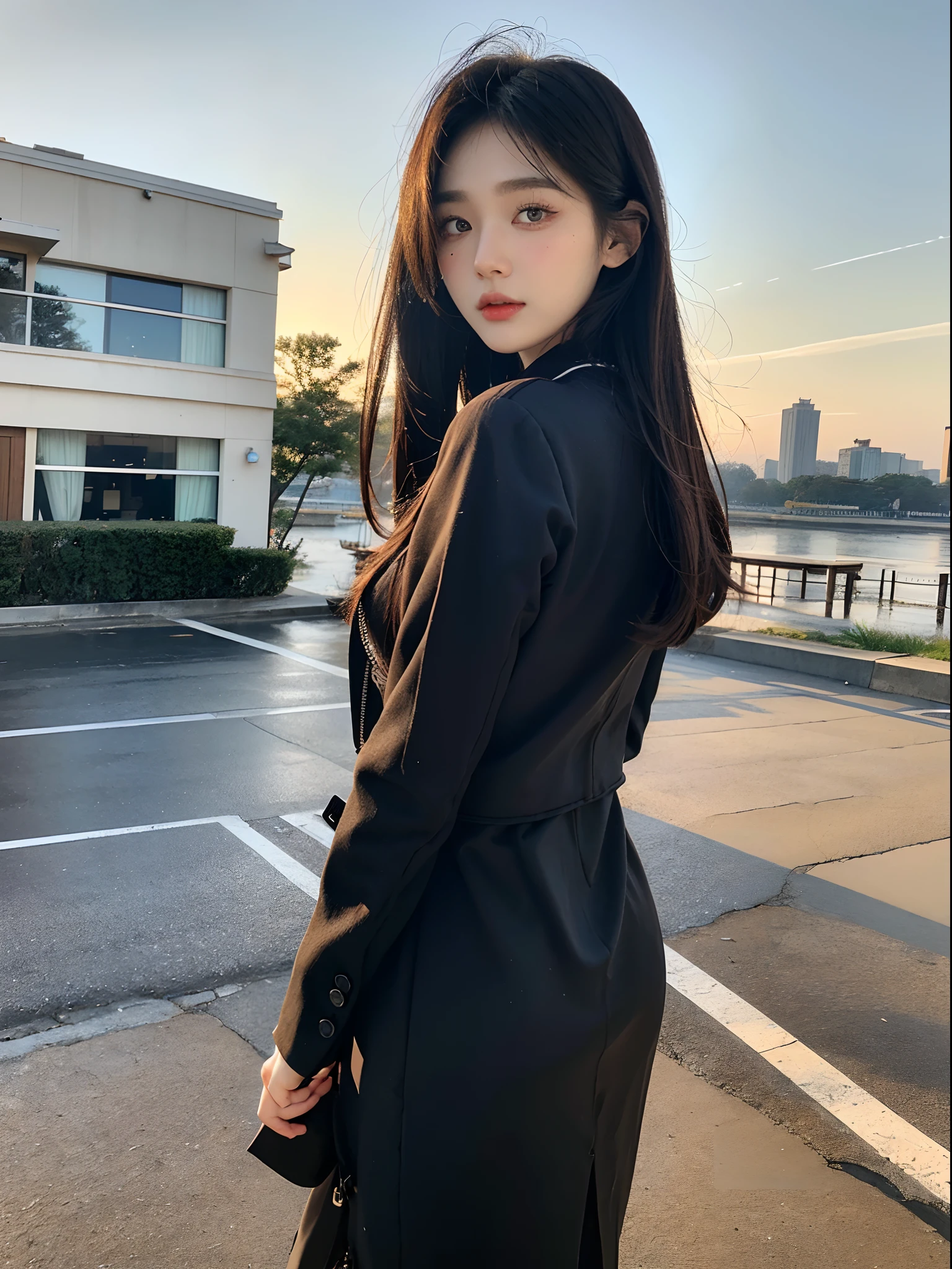 masterpiece、top-quality)、1 beutiful girl、Slim body、((Black and white plain clothes:1.1))、(Detailed beautiful eyes)、In the Han River、((Boyish Brown Medium Hair))、((Smaller face))、((Neutral face))、((Light brown eyes))、((Korean Girl))、((18year old))、((cool lady))、((Embarrassed expression))、((Korean Makeup))、((elongated and sharp eyes))、((Happy dating))、((boyish))、((She is walking in front of the viewer))、((Looking at the sky))、((Looking Up))、((shot from back))