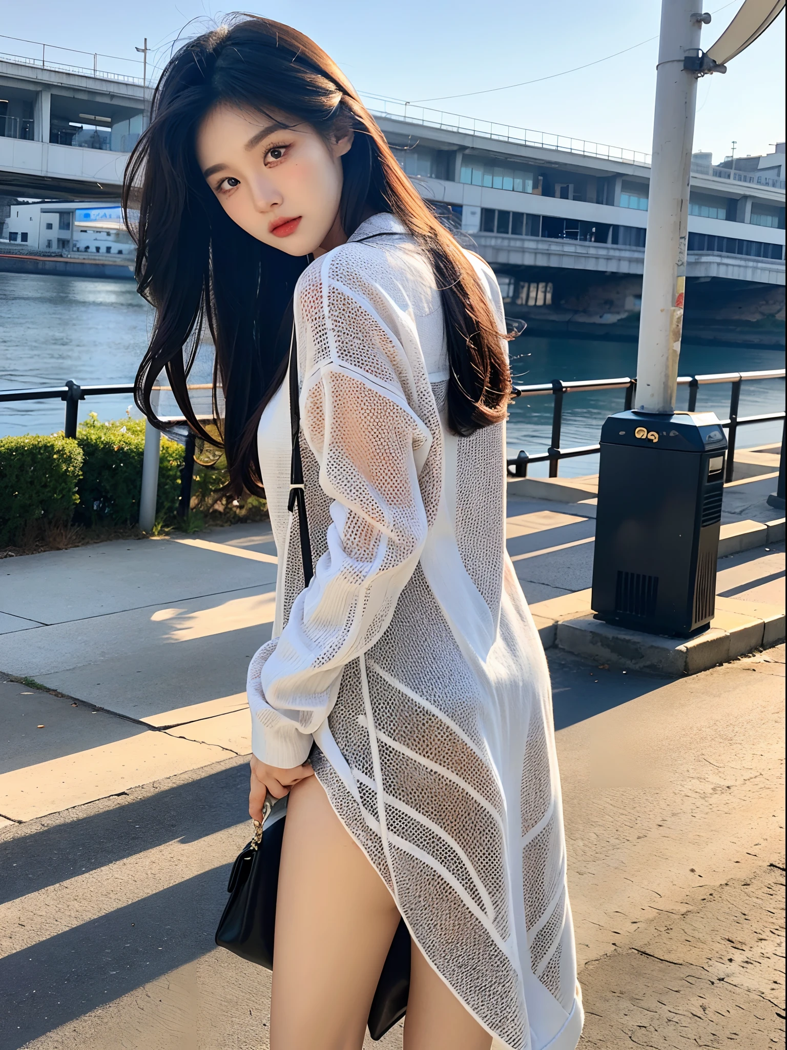masterpiece、top-quality)、1 beutiful girl、Slim body、((Black and white plain clothes:1.1))、(Detailed beautiful eyes)、In the Han River、((Boyish Brown Medium Hair))、((Smaller face))、((Neutral face))、((Light brown eyes))、((Korean Girl))、((18year old))、((cool lady))、((Embarrassed expression))、((Korean Makeup))、((elongated and sharp eyes))、((Happy dating))、((boyish))、((She is walking in front of the viewer))、((Looking at the sky))、((Looking Up))、((shot from back))