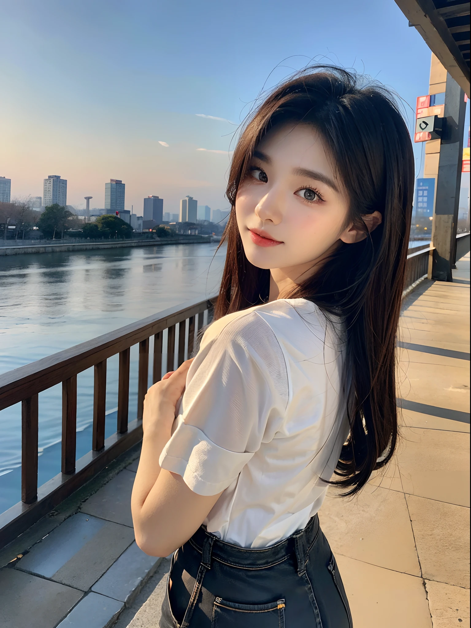 masterpiece、top-quality)、1 beutiful girl、Slim body、((Black and white plain clothes:1.1))、(Detailed beautiful eyes)、In the Han River、((Boyish Brown Medium Hair))、((Smaller face))、((Neutral face))、((Light brown eyes))、((Korean Girl))、((18year old))、((cool lady))、((Embarrassed expression))、((Korean Makeup))、((elongated and sharp eyes))、((Happy dating))、((boyish))、((She is walking in front of the viewer))、((Looking at the sky))、((Looking Up))、((shot from back))
