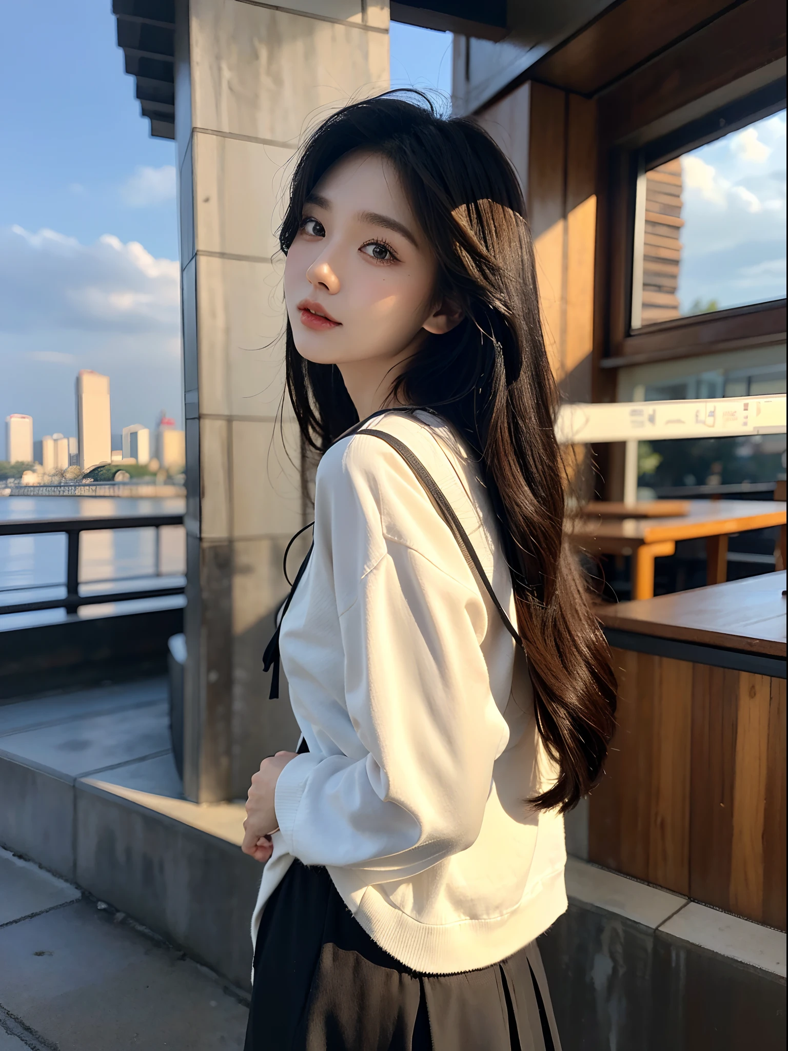 masterpiece、top-quality)、1 beutiful girl、Slim body、((Black and white plain clothes:1.1))、(Detailed beautiful eyes)、In the Han River、((Boyish Brown Medium Hair))、((Smaller face))、((Neutral face))、((Light brown eyes))、((Korean Girl))、((18year old))、((cool lady))、((Embarrassed expression))、((Korean Makeup))、((elongated and sharp eyes))、((Happy dating))、((boyish))、((She is walking in front of the viewer))、((Looking at the sky))、((Looking Up))、((shot from back))