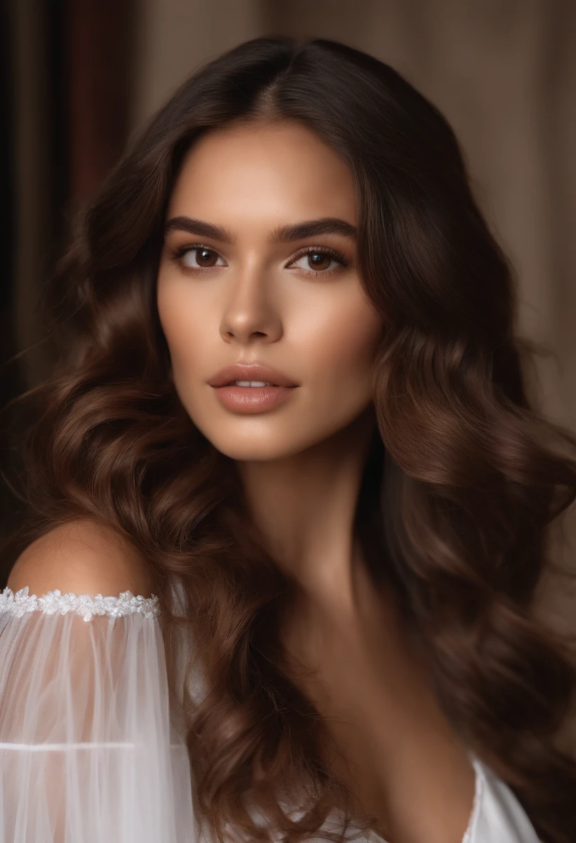 (extra long wavy brown hair), ((detailed face)), ((detailed facial features)), (delicate skin), pale skin, (wearing transparent white tulle fluttering in the wind), Finest Quality, 8k, 32k, Masterpiece, UHD:1.3), Model: Bruna Marquezine, (Giant Tits:1.2), (Long straight Hair), Belly, Perfect Body, Detailed Face, Detailed Lips, Smooth Eyes, double eyelids, (seductive), ((awaken:1,5)), raw photo, raw photo, gigachad photo, pose camera