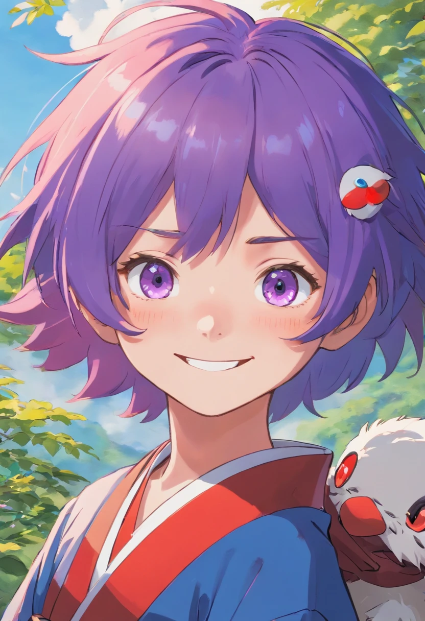 A boy with purple hair, one blue and one red eyes, smiling, wearing a traditional Japanese costume.