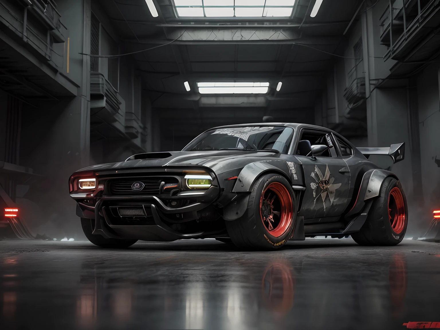 uma vista frontal 3/4 dos ((Futurista cyberpunk Hotrod Zeekars)) (com pneus brilhantes), carro preto, carenagem com efeitos de neon, Red headlights ((linhas neon vermelho))