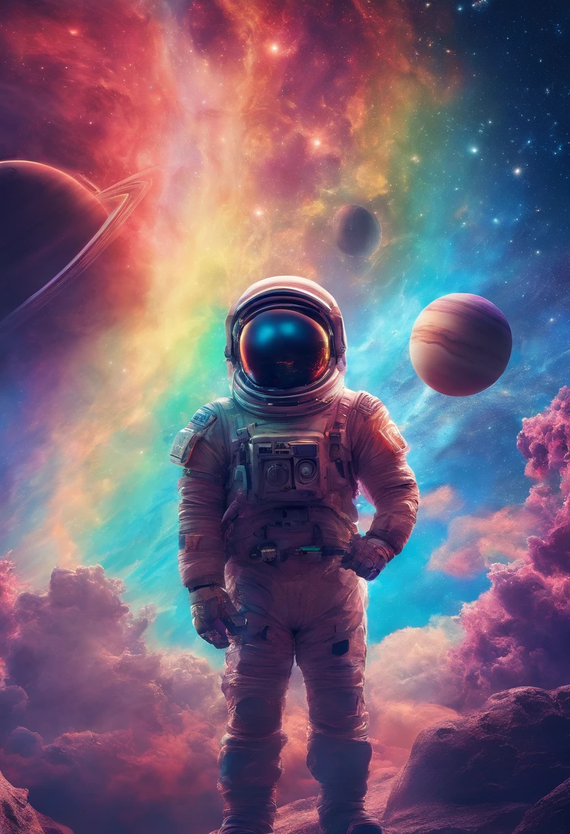 Paisagem fantastica em um planeta estrangeiro, Sky full of distant planets, um homem com traje espacial azul, a bright rainbow and planets with rings in the sky