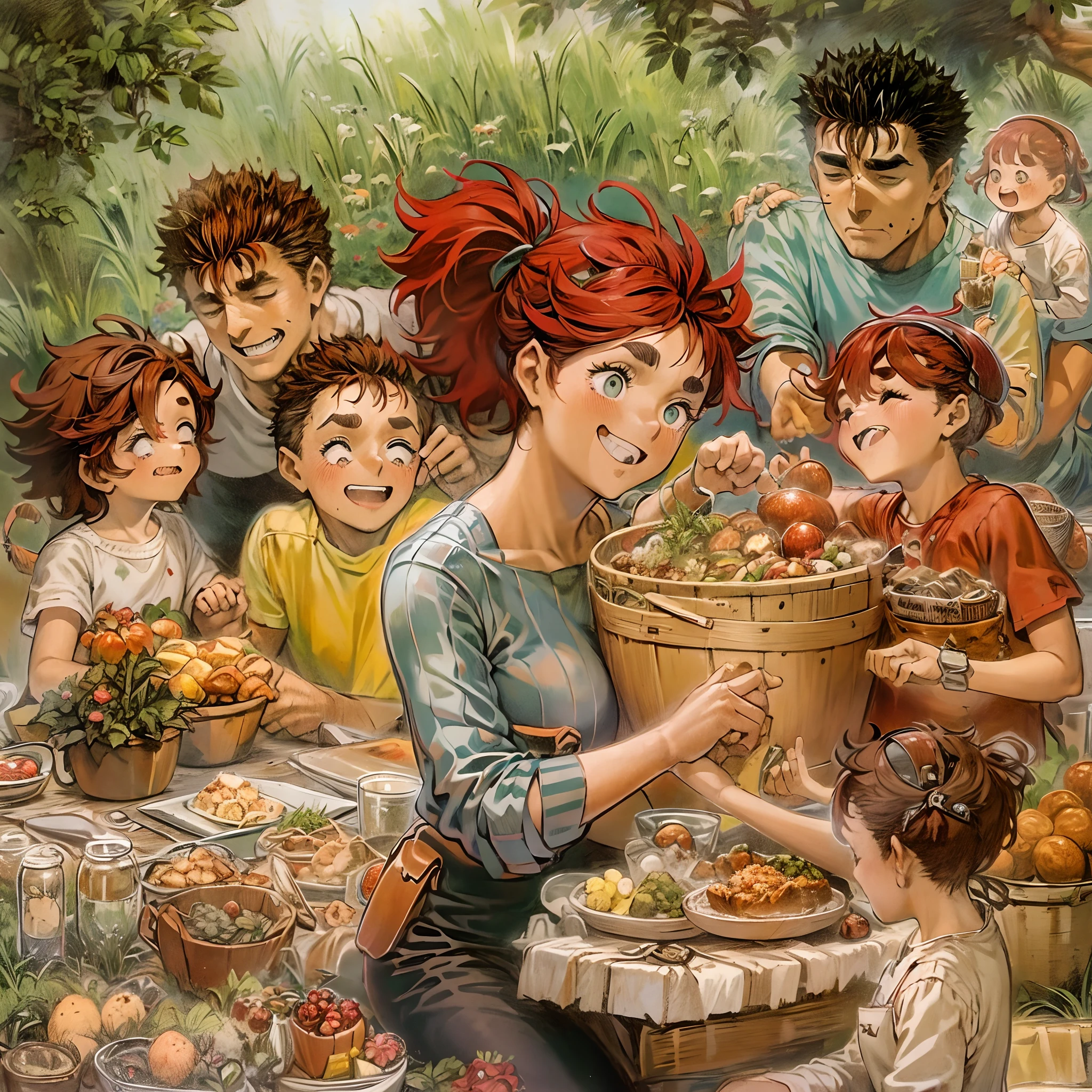 suletta, guts, couple, husband and wife, suletta motherly, wife, mother and son, children , family, happy, red hair suletta, black hair guts, picnic garden