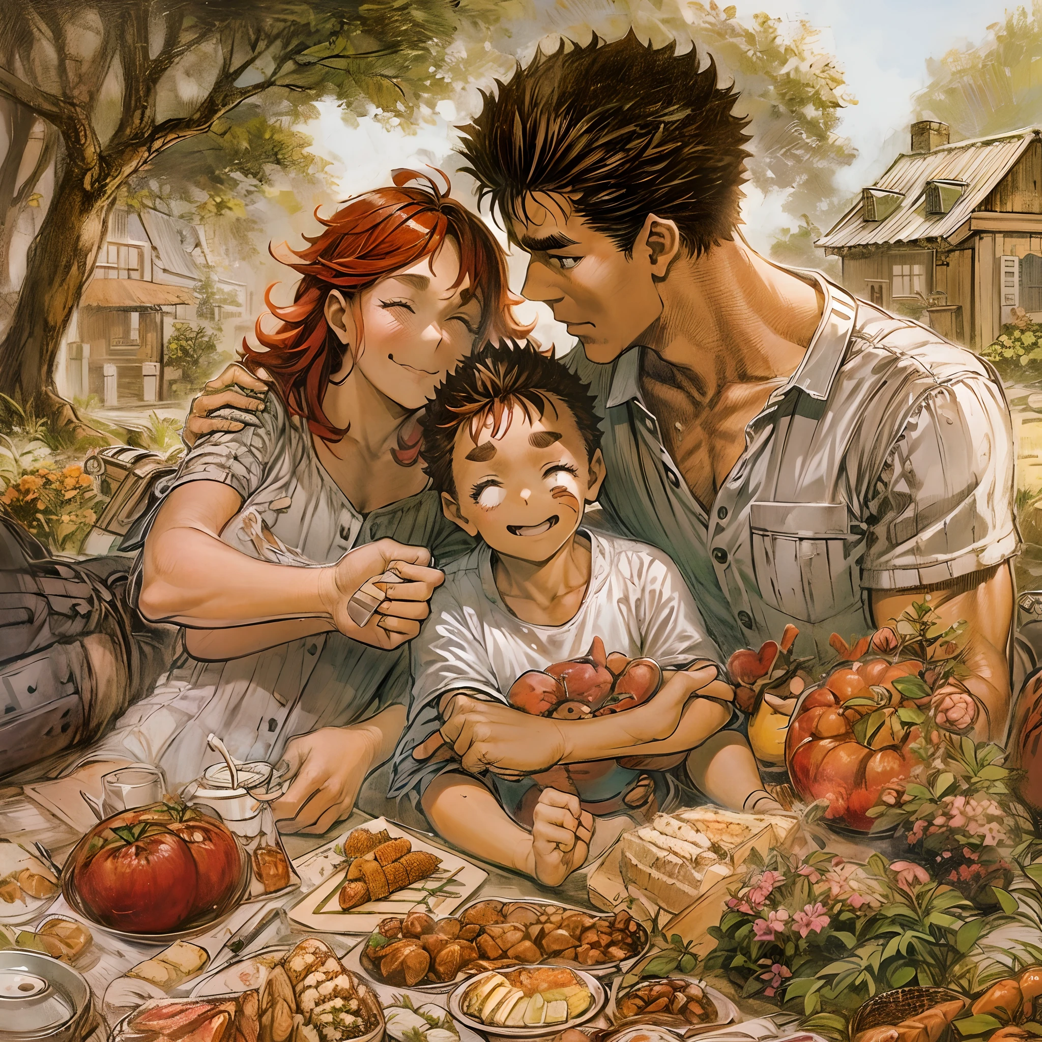 suletta, guts, couple, husband and wife, suletta motherly, wife, mother and son, children , family, happy, red hair suletta, black hair guts, picnic garden