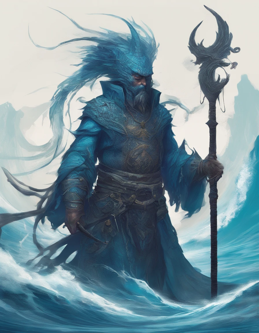 a fisherman in his blue sea, in the style of dark fantasy creatures, kushan empire, devilcore, intricate costumes, highly realistic, intel core, vibrant illustrations --ar 17:24 --s 750 --v 5.2