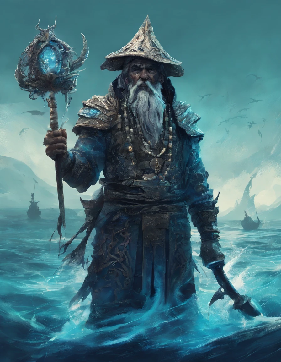 a fisherman in his blue sea, in the style of dark fantasy creatures, kushan empire, devilcore, intricate costumes, highly realistic, intel core, vibrant illustrations --ar 17:24 --s 750 --v 5.2