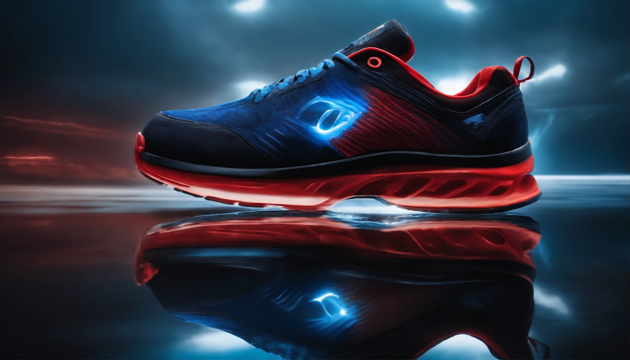 Advertising poster of modern trainers, aggressive design and black blue and red colours, sporty style, throwback sole, flashes of multi-coloured fog, reflection in water, realistic professional photography, 8k --ar 16:9